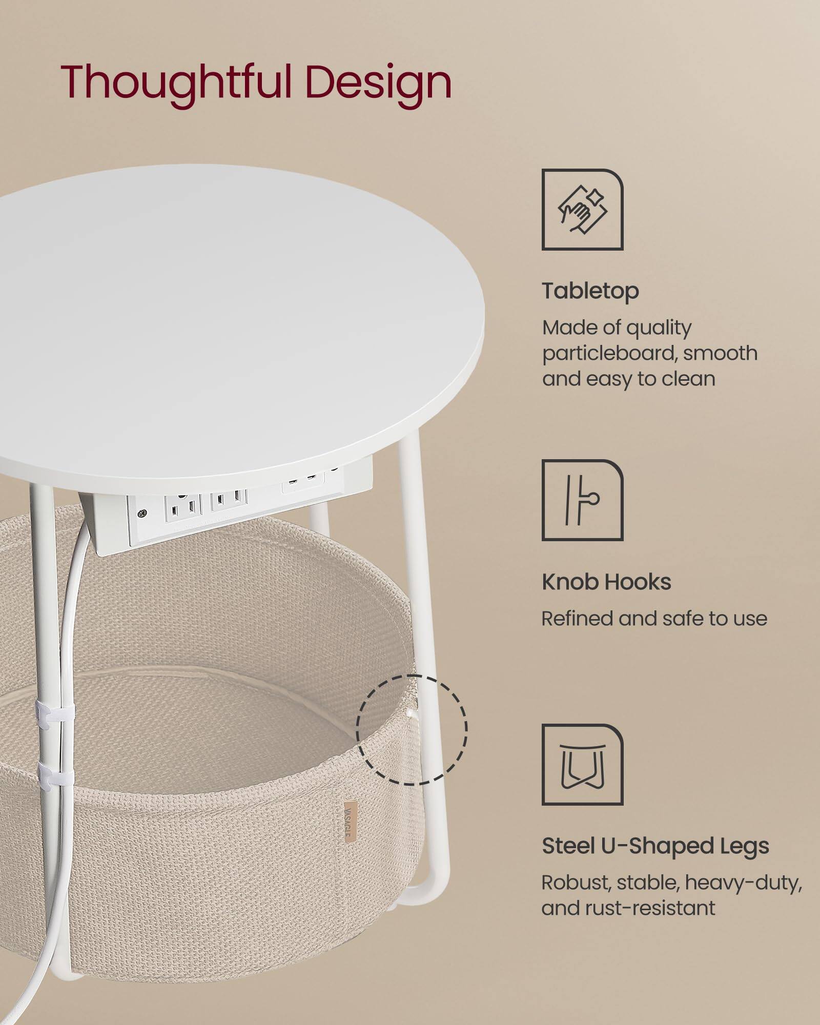 Thoughtful Design

Tabletop  
Made of quality particleboard, smooth and easy to clean

Knob Hooks  
Refined and safe to use

Steel U-Shaped Legs  
Robust, stable, heavy-duty, and rust-resistant