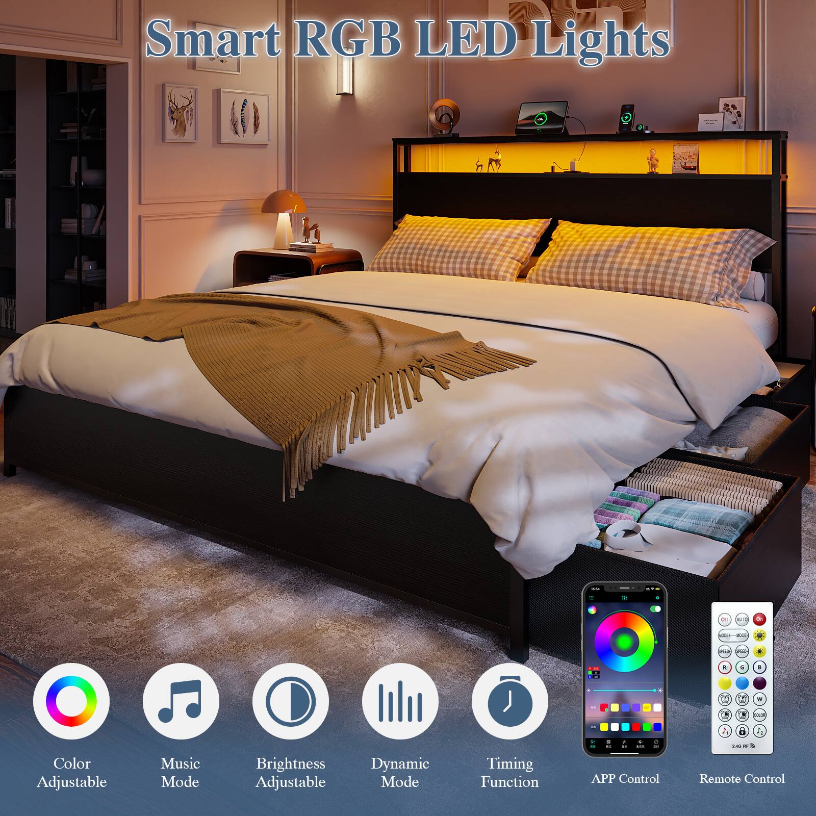 Smart RGB LED Lights

- Color Adjustable
- Music Mode
- Brightness Adjustable
- Dynamic Mode
- Timing Function
- APP Control
- Remote Control