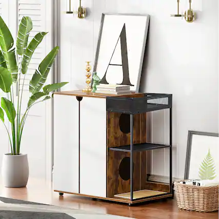 Front. Yardgrace - Double Cat Litter Box Cabinet with Rattan Doors, Hidden Furniture, Rustic Brown, 47" Long - White.