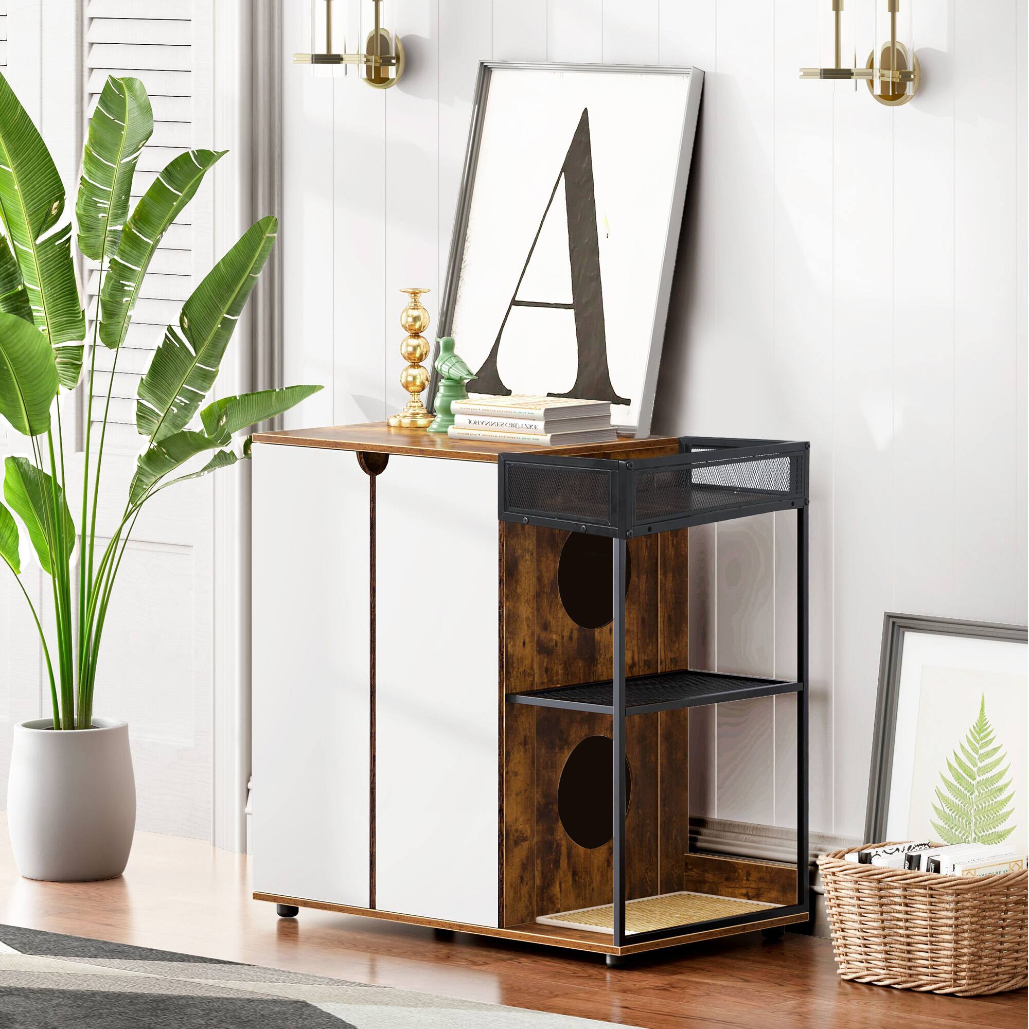 Front. Yardgrace - Double Cat Litter Box Cabinet with Rattan Doors, Hidden Furniture, Rustic Brown, 47" Long - White.