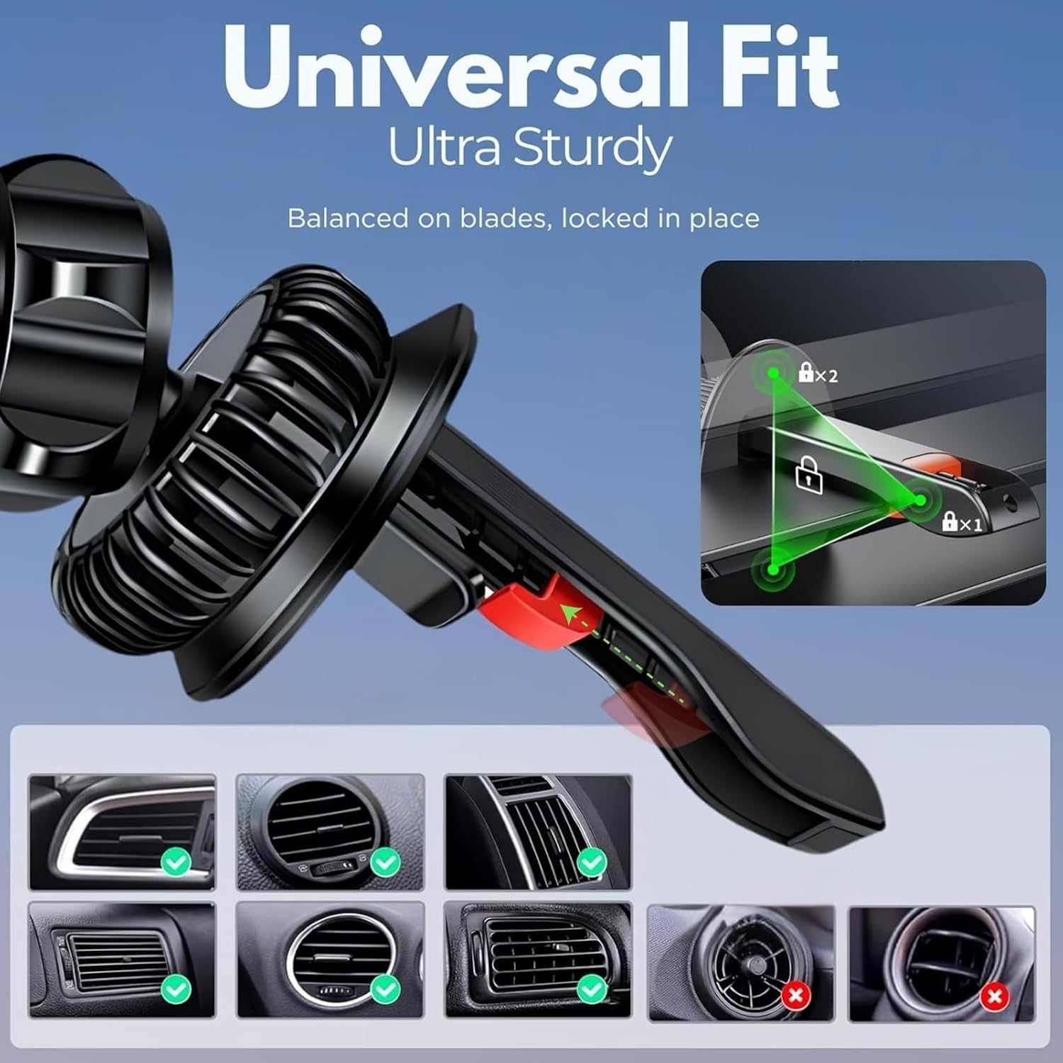 Universal Fit Ultra Sturdy  
Balanced on blades, locked in place