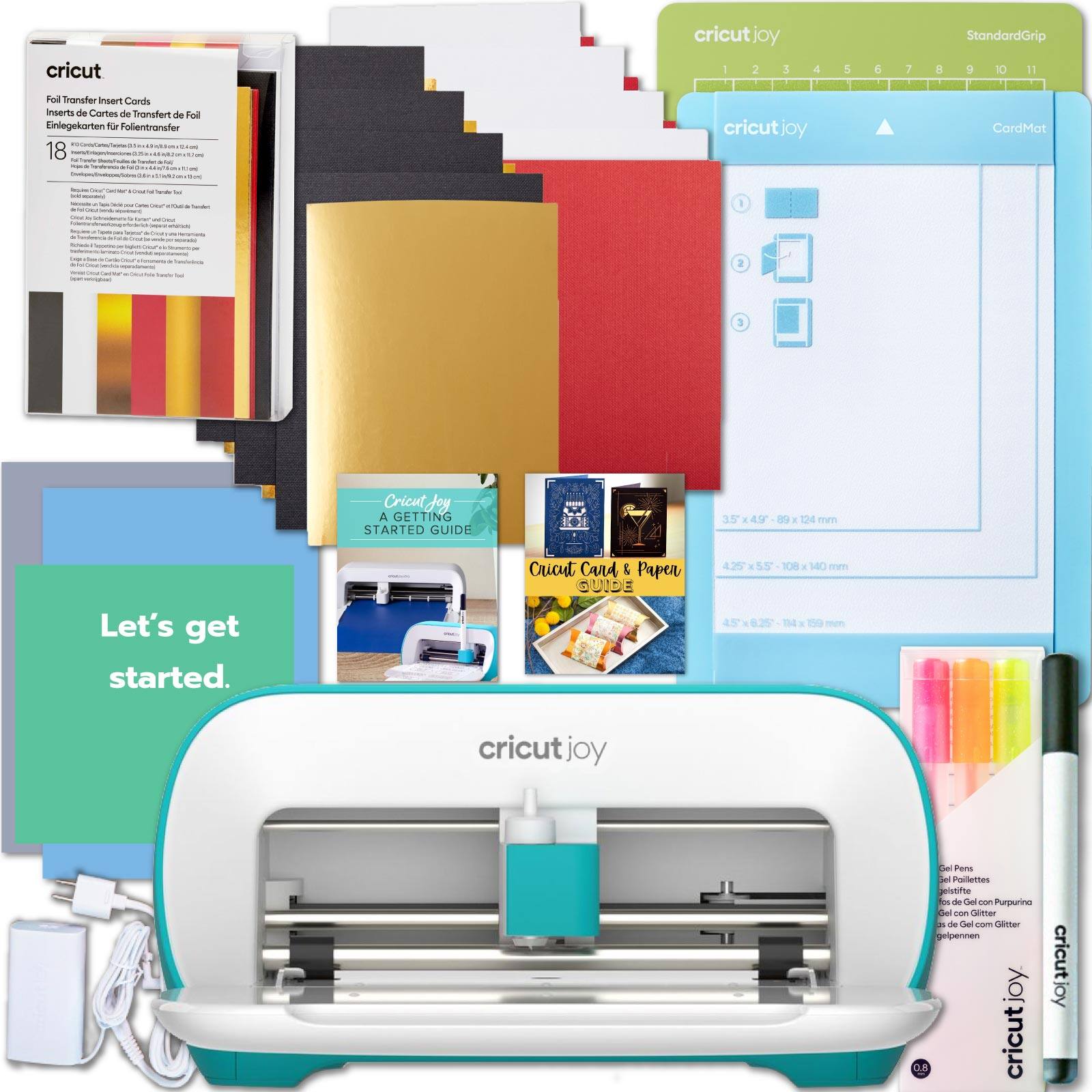 cricut  
Foil Transfer Insert Cards  
Inserts de Cartes de Transfert de Foil  
Einlegekarten für Folientransfer  

18  

cricut joy  
A GETTING STARTED GUIDE  

Let's get started.  

cricut joy  
CardMat  
3.5" x 4.9" - 89 x 124 mm  

cricut joy  
Cricut Card & Paper GUIDE  
4.25" x 5.5" - 108 x 140 mm  
4.3" x 6.25" - 109 x 159 mm  

cricut joy  
Gel Pens  
Gel Pencils  
Gel Sticks con Papel  
Gel Sticks con Glitter  
Gel Sticks con Papel  
Gel Sticks con Glitter  
Gel Sticks con Papel  
Gel Sticks con Glitter  
Gel Sticks con Papel  
Gel Sticks con Glitter  
Gel Sticks con Papel  
Gel Sticks con Glitter  
Gel Sticks con Papel  
Gel Sticks con Glitter  
Gel St