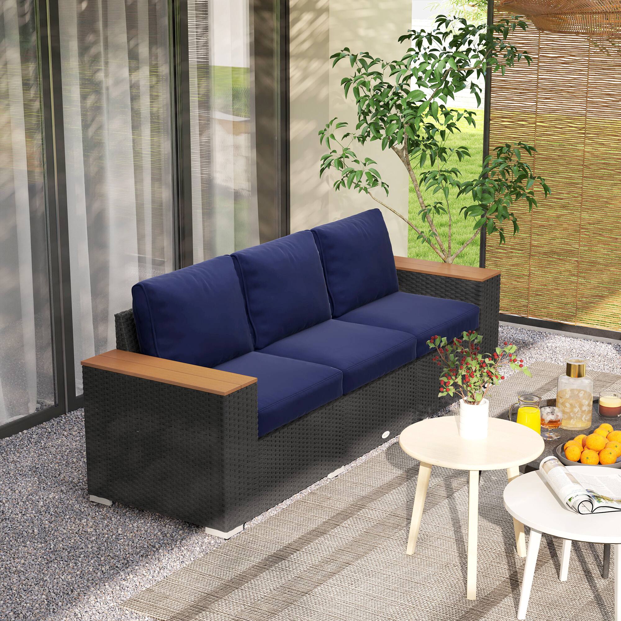 Alt View 7. Outsunny - 3-Seat Outdoor Patio Sofa with Cushions, PE Rattan Wicker Sofa with Wood Grain Wide Armrests, Outdoor Wicker Couch - Navy Blue.