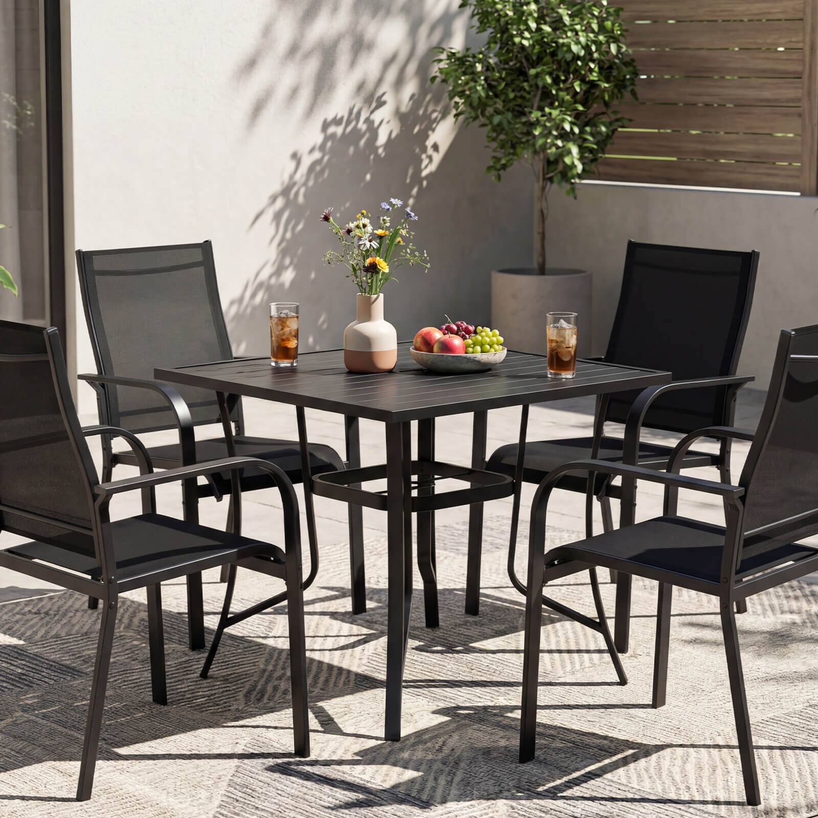 Alt View 3. Costway - Costway Square Patio Table for 4, Outdoor Metal Dining Table with Umbrella Hole for Porch - Black.