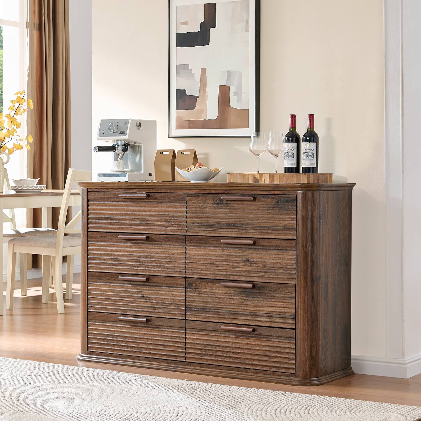 Angle. Forest'nSky - Walnut Wood 8 drawer 52 in. Wide Chest of Drawers with Curved Profile Design for Living Room - Walnut.