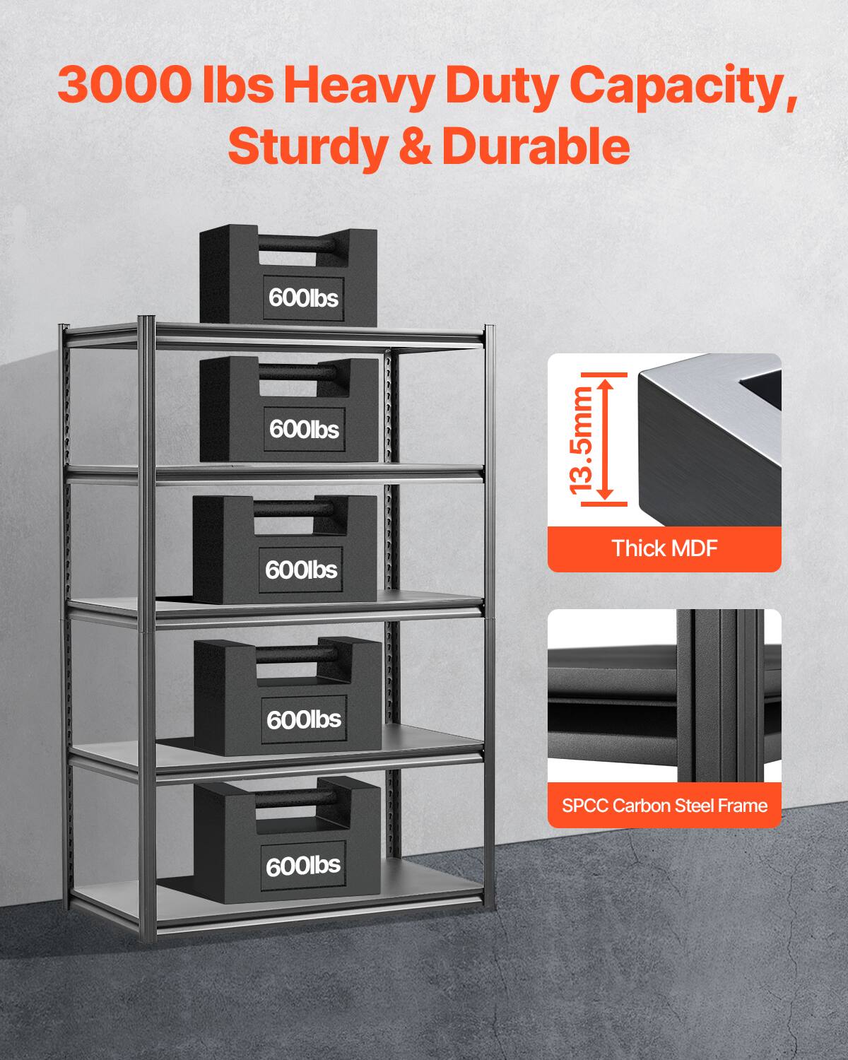 3000 lbs Heavy Duty Capacity, Sturdy & Durable, 600lbs, 600lbs, 600lbs, 600lbs, 13.5mm Thick MDF, SPCC Carbon Steel Frame