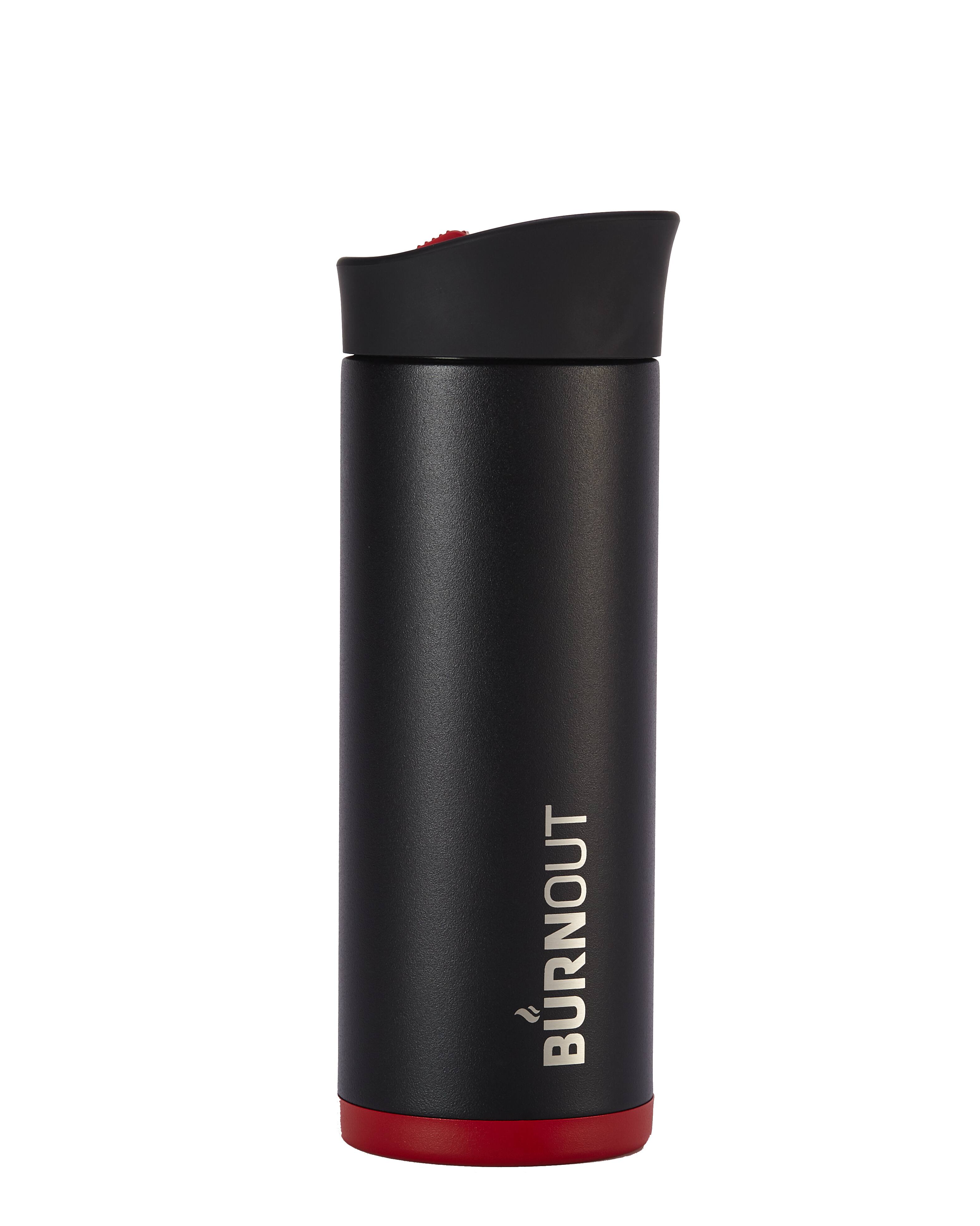 Front. BURNOUT - Temperature Regulating 12 oz. Smart Mug - Slide Seal Lid - Black with Red Bottom.