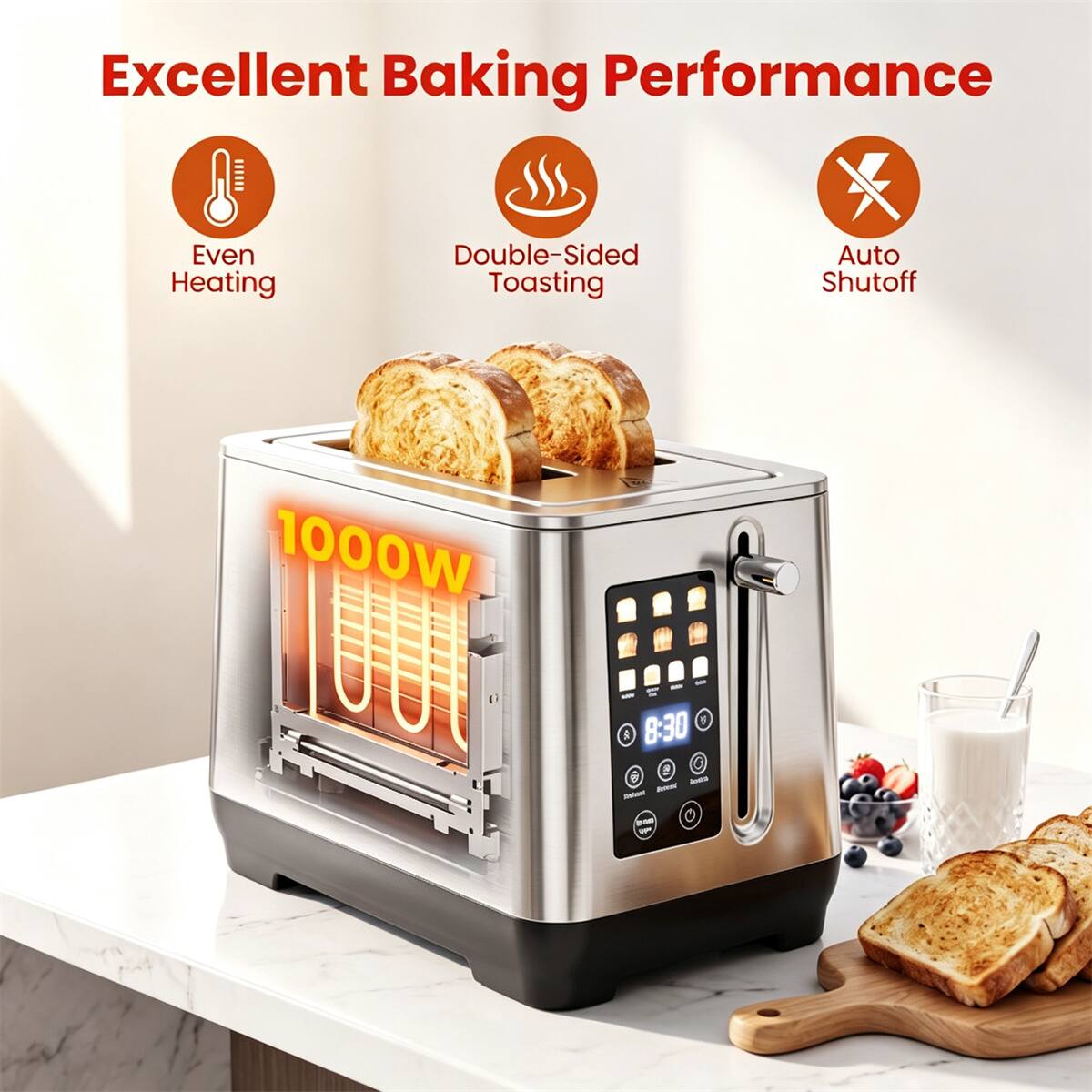 Excellent Baking Performance
Even Heating
Double-Sided Toasting
Auto Shutoff
1000W
8:30