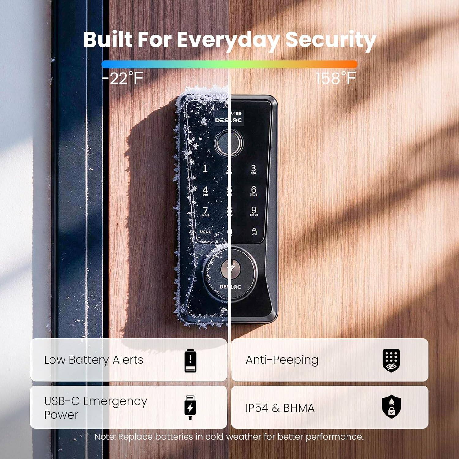 Built For Everyday Security  
-22°F 158°F  

DESLOC  
1  
3 ROY  
4 DOU  
6 CON  
7 AMS  
9 BOX  
MENU  
DESLAC  

Low Battery Alerts  
Anti-Peeping  
USB-C Emergency Power  
IP54 & BHMA  

Note: Replace batteries in cold weather for better performance.