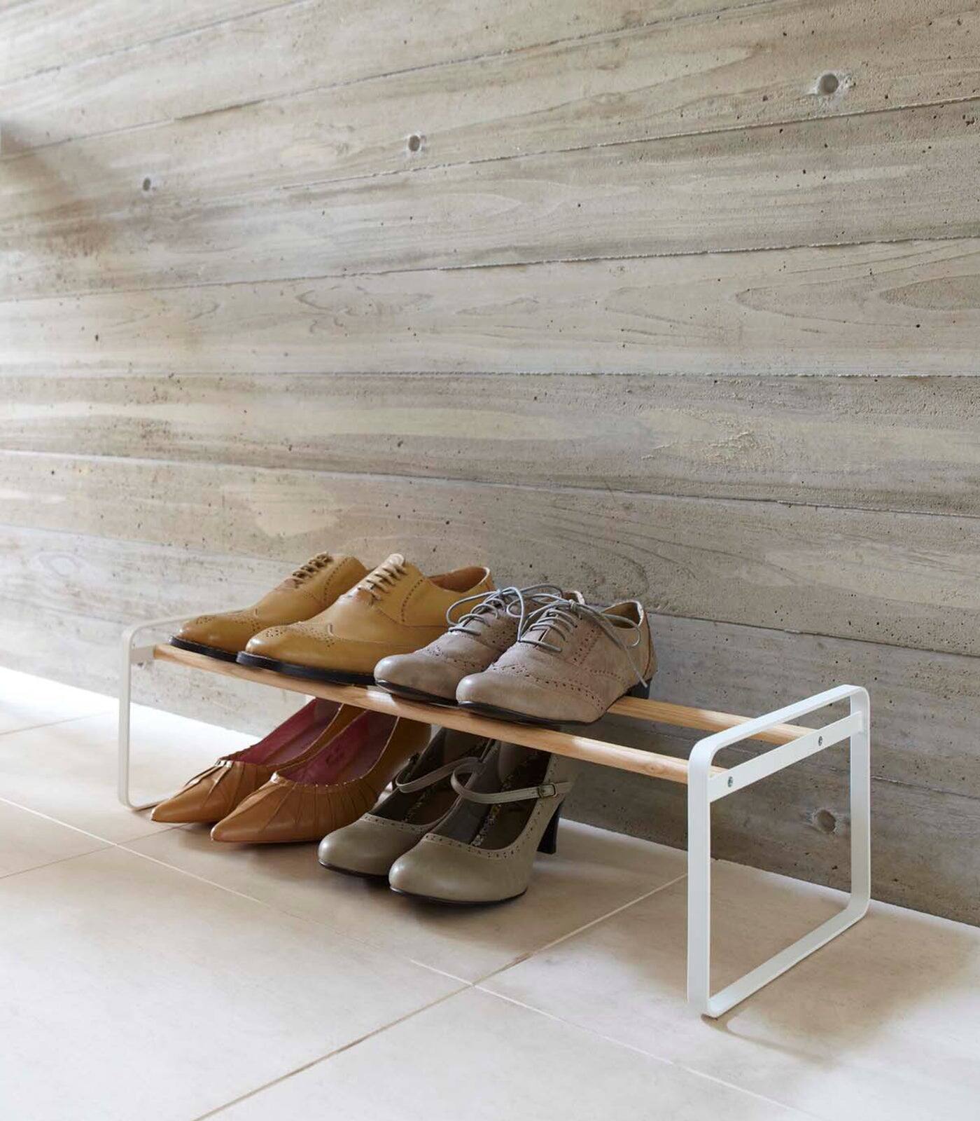 Left. Yamazaki Home - Stackable Shoe Rack (7" H)  - Steel + Wood - White.