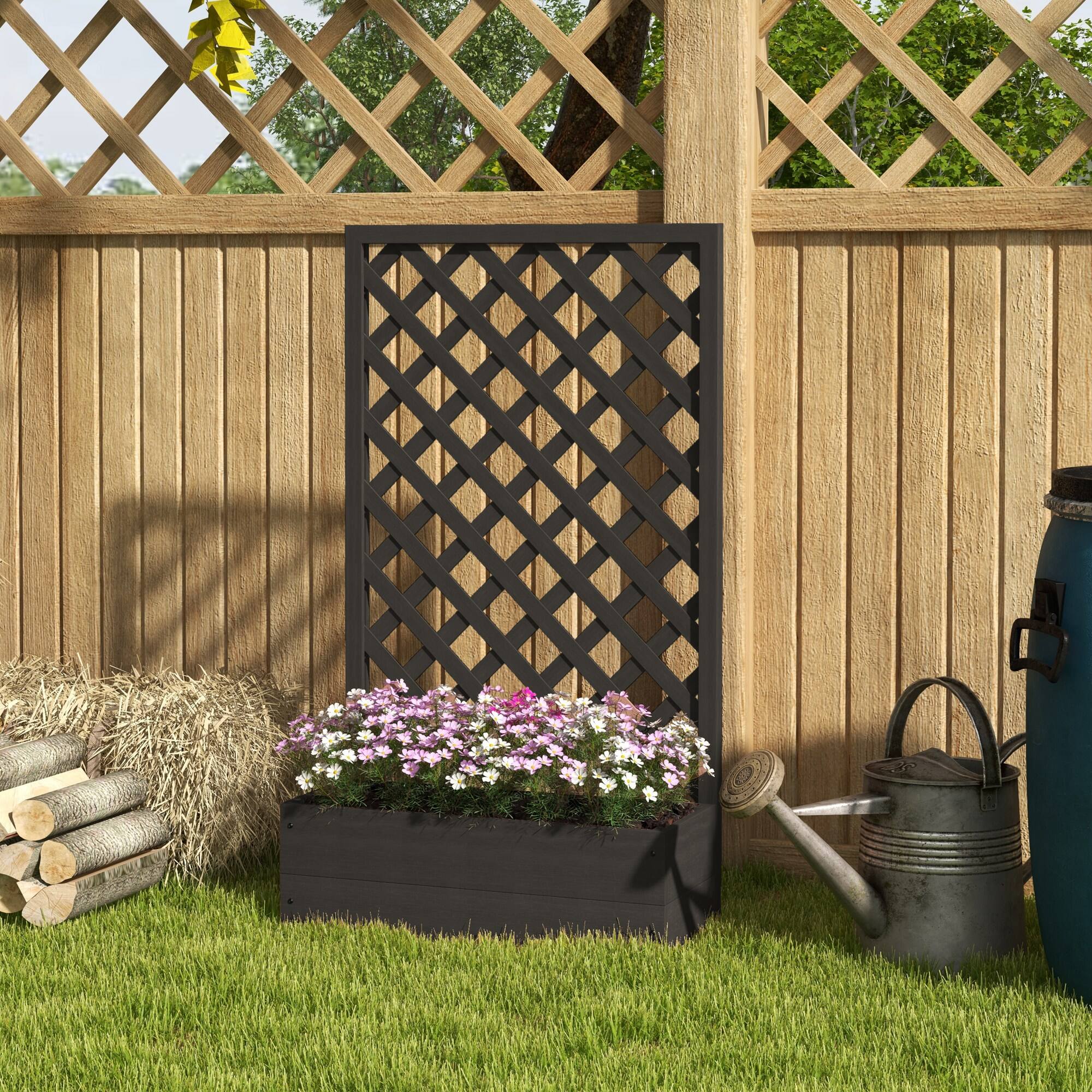 Alt View 1. Outsunny - Planter Box for Climbing Plants, Raised Garden Bed w/ Trellis Lattice for Outdoor Garden - Black.