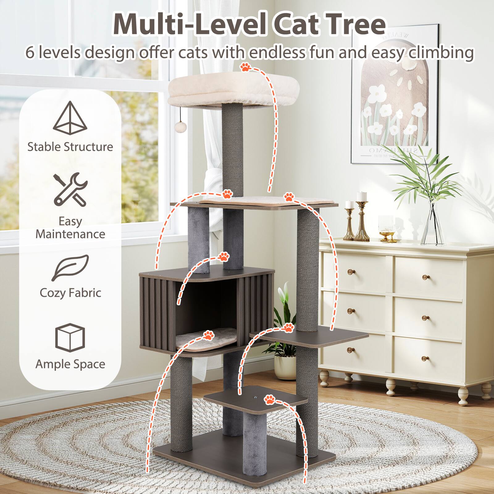Multi-Level Cat Tree

6 levels design offer cats with endless fun and easy climbing

- Stable Structure
- Easy Maintenance
- Cozy Fabric
- Ample Space