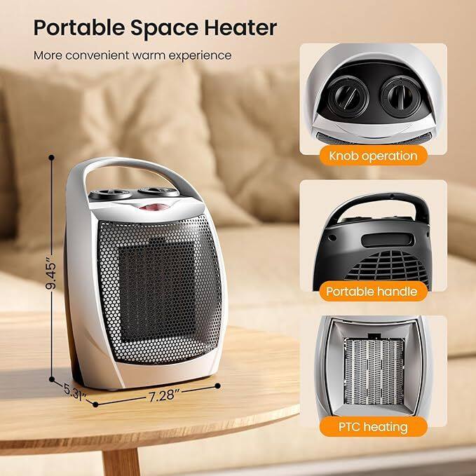 Portable Space Heater  
More convenient warm experience  

- Knob operation  
- Portable handle  
- PTC heating  

Dimensions:  
- Height: 9.45"  
- Width: 7.28"  
- Depth: 5.31"