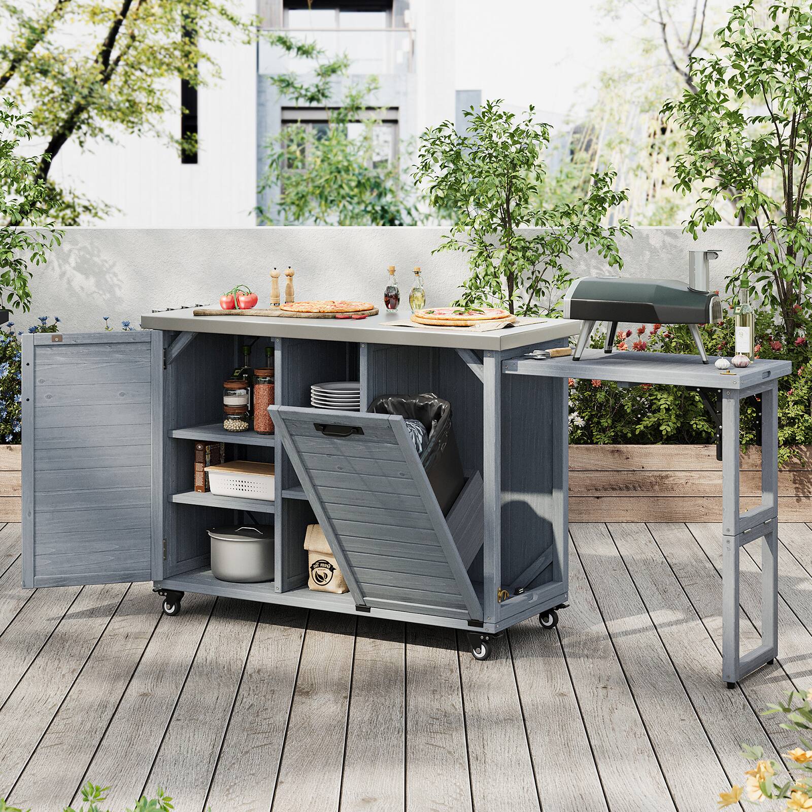 Alt View 9. Chateau Abodes - 78.3" Outdoor Kitchen Island with Foldable Grill Table, Wooden Cart with Stainless Steel Top & Trash Storage - Grey Blue.