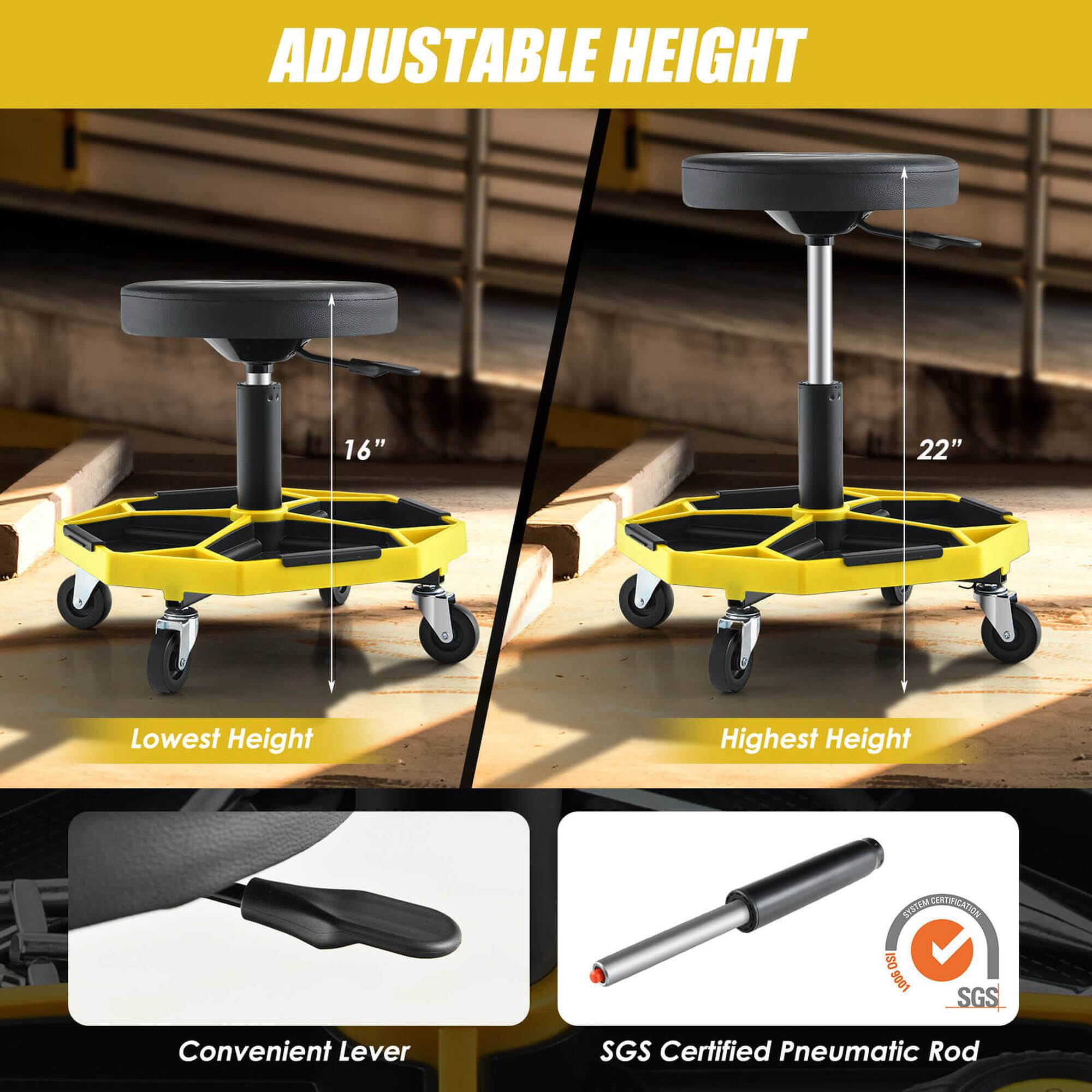 ADJUSTABLE HEIGHT  
16" - 22"  
Lowest Height - Highest Height  

Convenient Lever  

SGS Certified Pneumatic Rod
