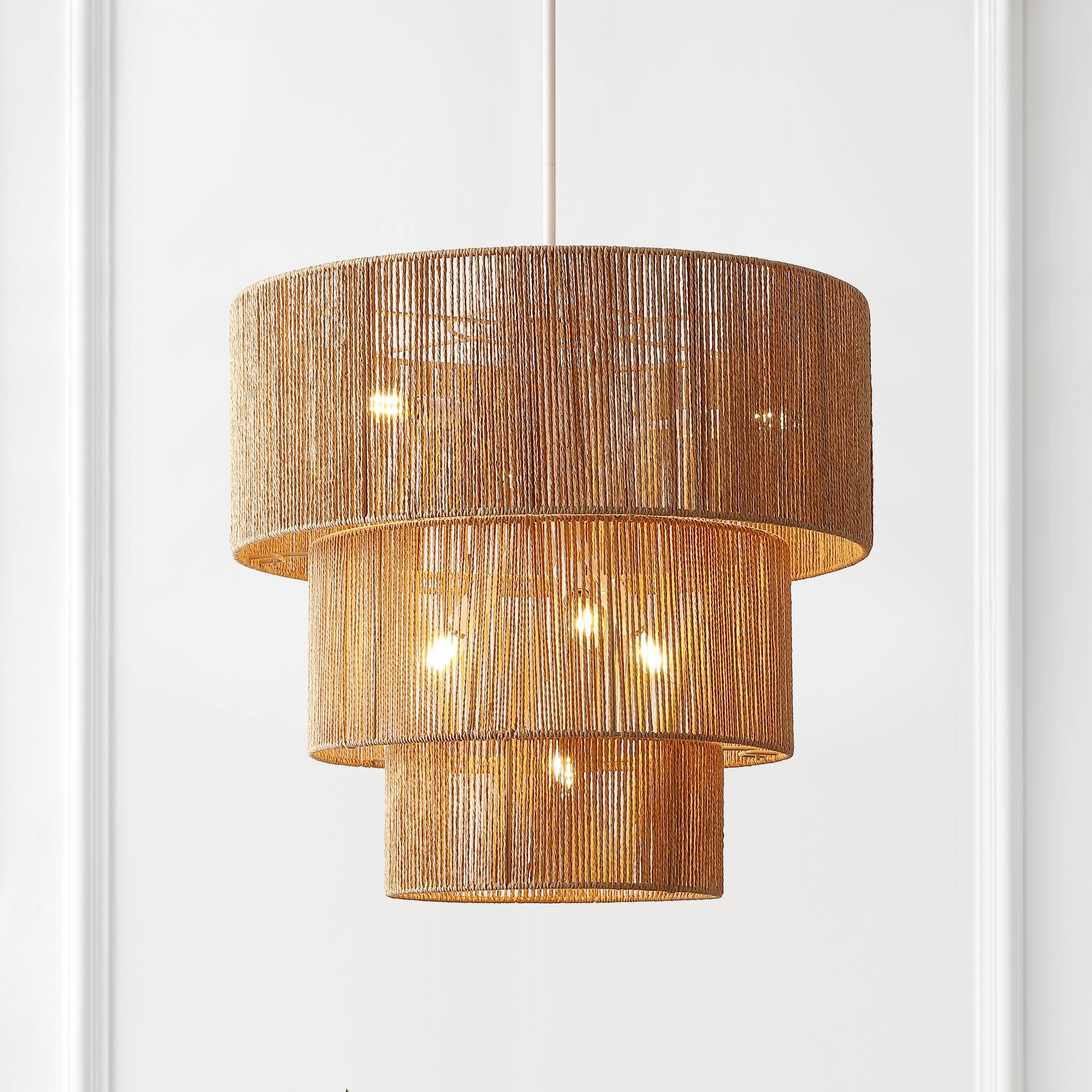 Alt View 1. Jonathan Y - Orson 24" Tiered Paper Rope Chandelier, Coastal 7-Light Woven Brown Shade with White Metal Canopy for Living Room - Brown.