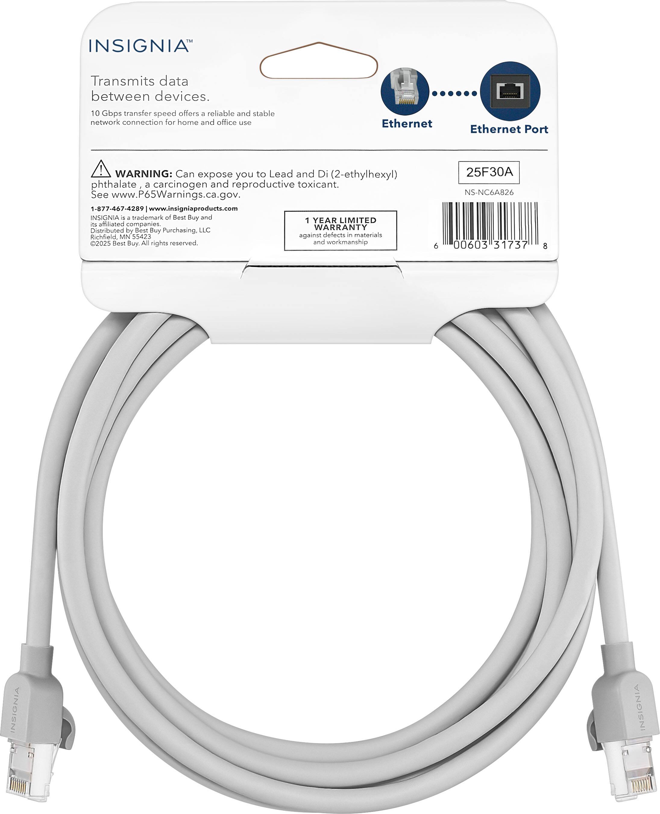 INSIGNIA™

Transmits data between devices.

10 Gbps transfer speed offers a reliable and stable network connection for home and office use

Ethernet - Ethernet Port

WARNING: Can expose you to Lead and Di(2-ethylhexyl) phthalate, a carcinogen and reproductive toxicant. See www.P65Warnings.ca.gov.

1-877-467-4289 | www.insigniaproducts.com

INSIGNIA™ is a trademark of Best Buy and its affiliated companies. Distributed by Best Buy Purchasing, LLC. ©2025 Best Buy. All rights reserved.

1 YEAR LIMITED WARRANTY against defects in materials and workmanship

25F30A

NS-NC6A826

00603 31737

8