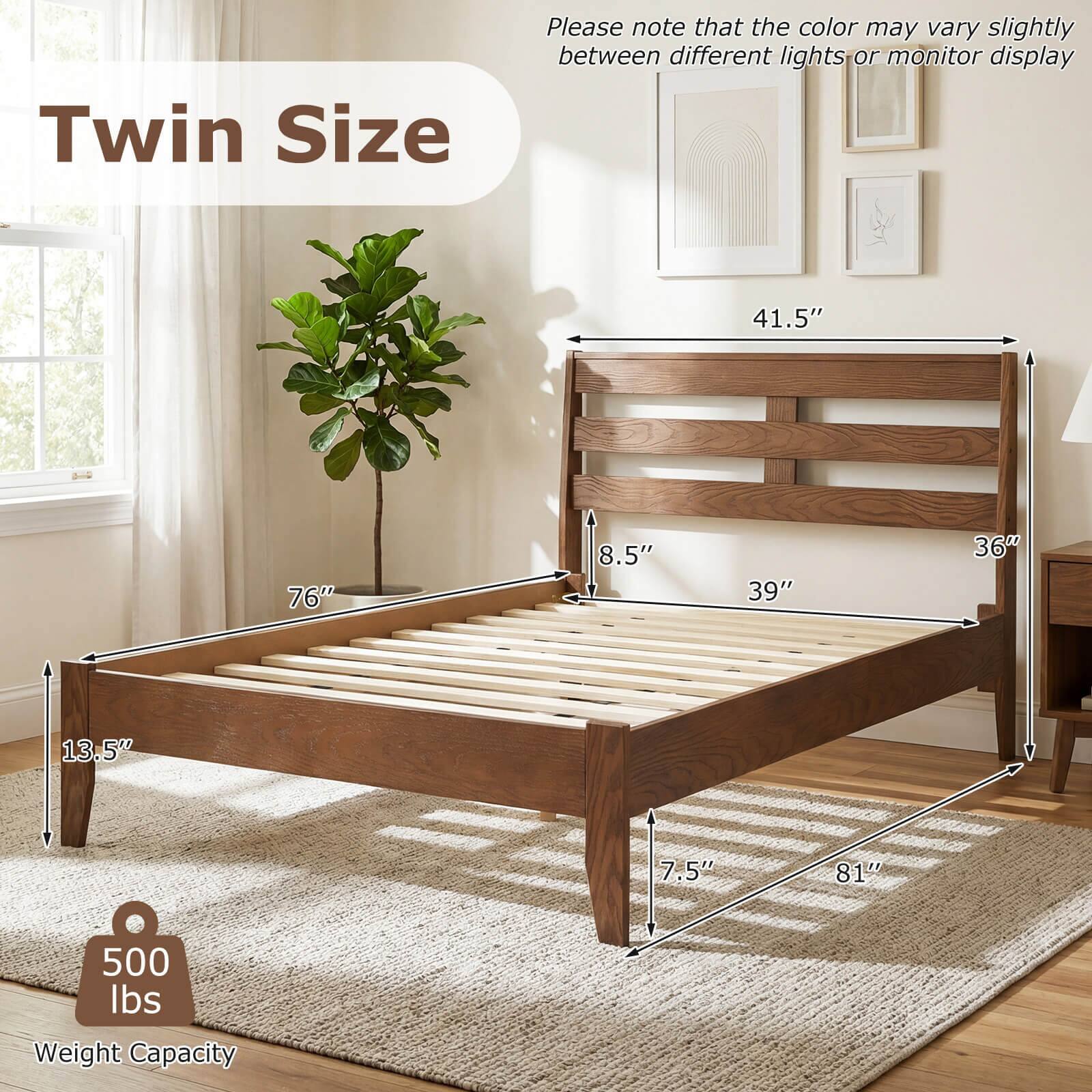 Twin Size

Please note that the color may vary slightly between different lights or monitor display

- 41.5" (width)
- 76" (length)
- 8.5" (height of headboard)
- 39" (height of footboard)
- 13.5" (height of side rails)
- 7.5" (height of footboard)
- 81" (overall length)
- 500 lbs Weight Capacity