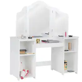 Costway - Vanity Table Set Makeup Dressing Kids Girls Study Table Tri Folding Mirror - White