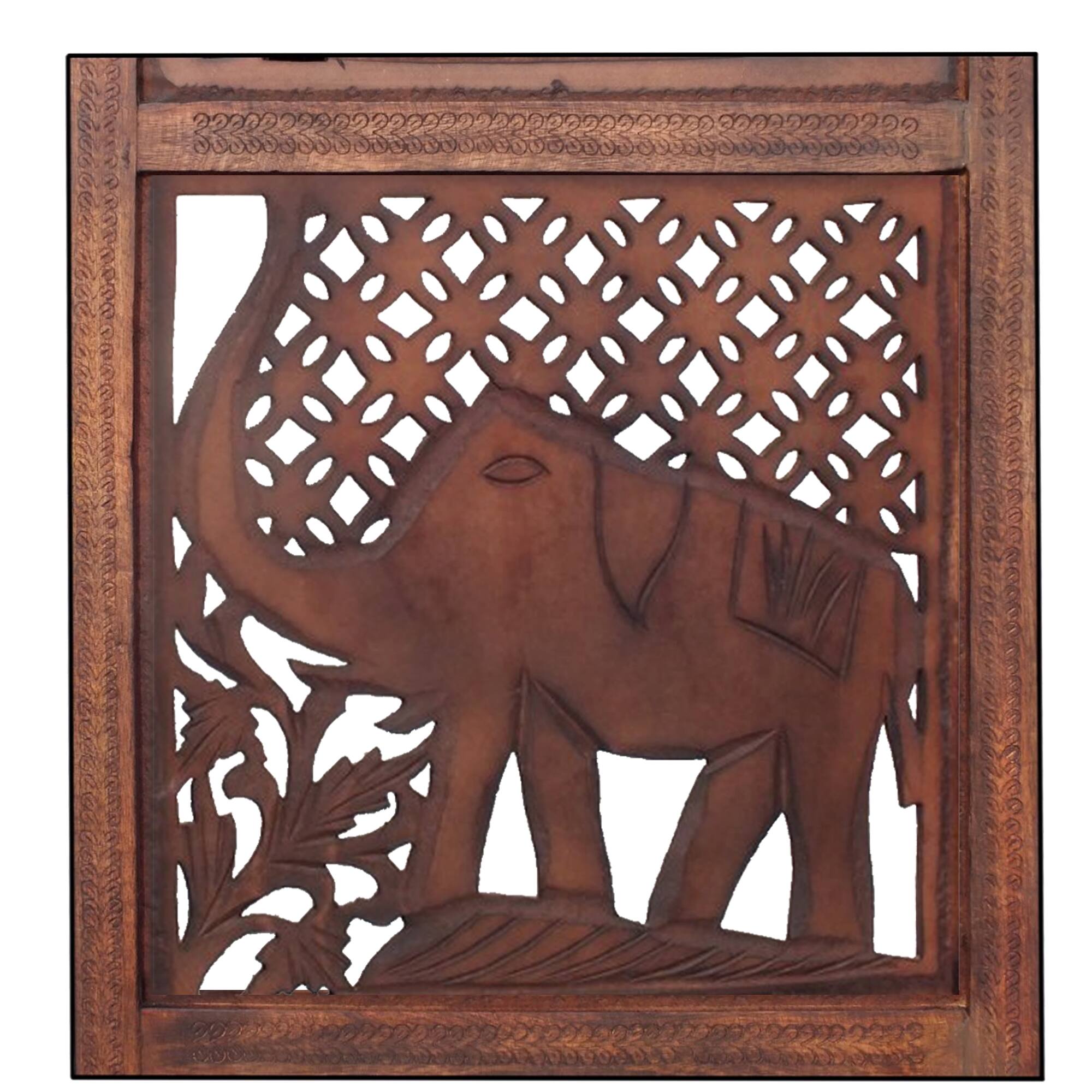 Alt View 3. Manhattan Lane - Zofi Hand Carved Elephant Design Foldable 4 Panel Wooden Room Divider - Brown.
