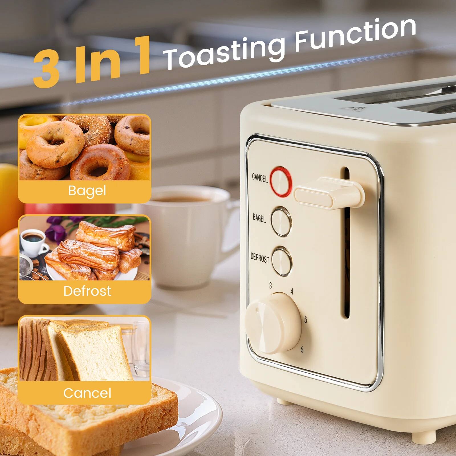 3 In 1 Toasting Function

- Bagel
- Defrost
- Cancel

CANCEL
BAGEL
DEFROST
3 4 5 6