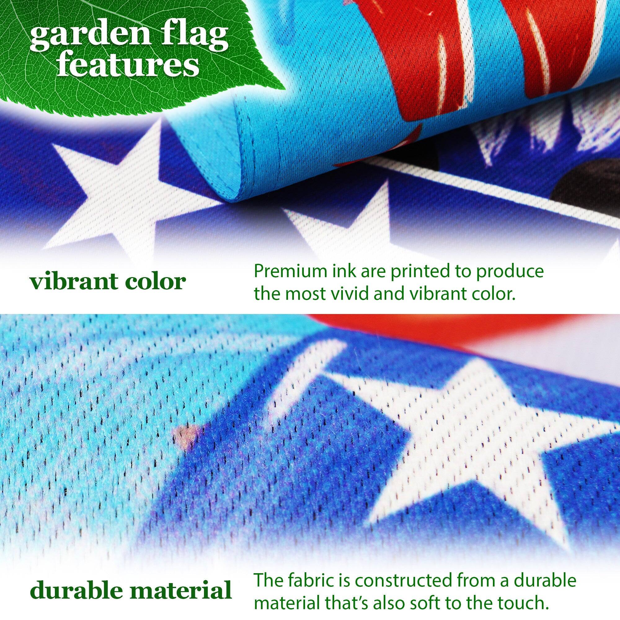 garden flag features

vibrant color  
Premium ink are printed to produce the most vivid and vibrant color.

durable material  
The fabric is constructed from a durable material that's also soft to the touch.