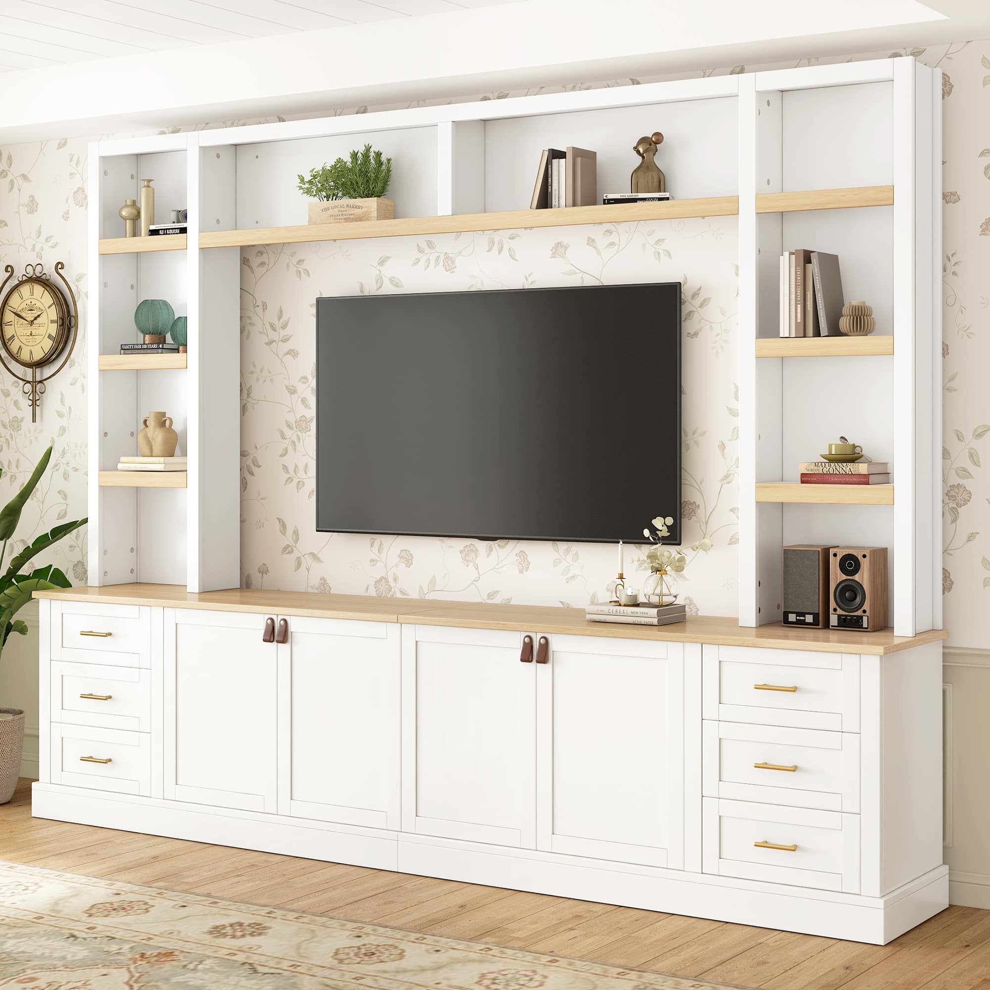 Front. APRILSOUL - 102.3in W 4-Piece Entertainment Center Wall Unit with Adjustable Shelves Bookshelves for TVs Up to 75in 6 Drawers White - White.