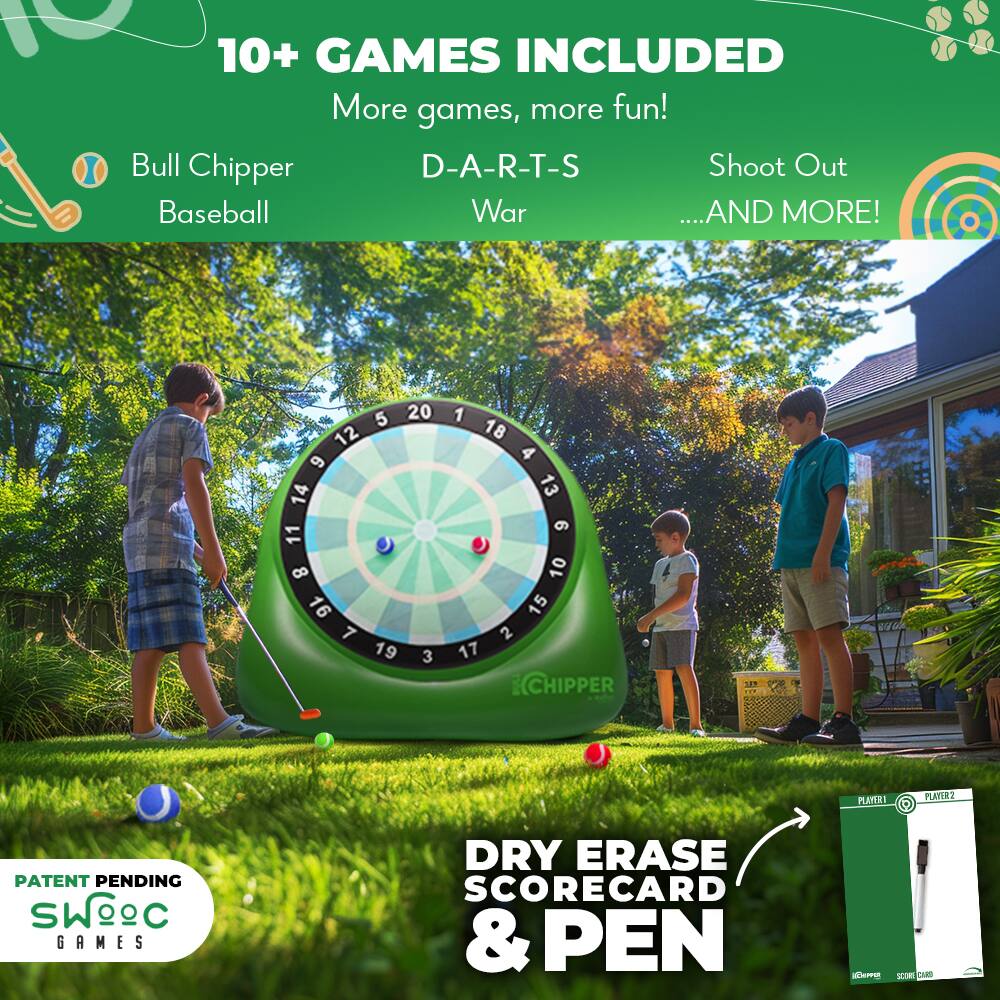 10+ GAMES INCLUDED  
More games, more fun!  
Bull Chipper  
Baseball  
D-A-R-T-S  
War  
Shoot Out  
...AND MORE!  

DRY ERASE SCORECARD & PEN  

PATENT PENDING  
SWOOC GAMES