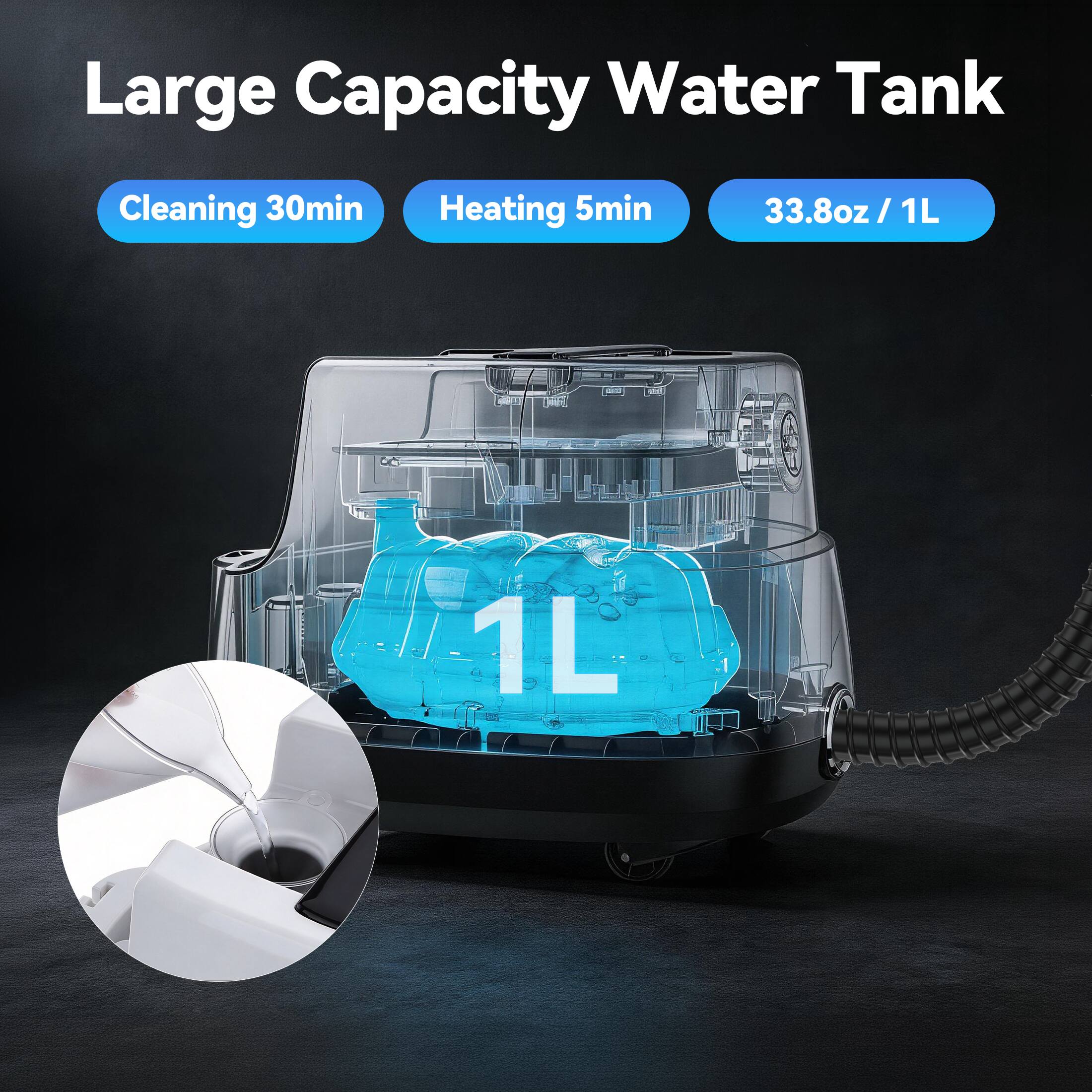 Large Capacity Water Tank  
Cleaning 30min  
Heating 5min  
33.8oz / 1L  
1L