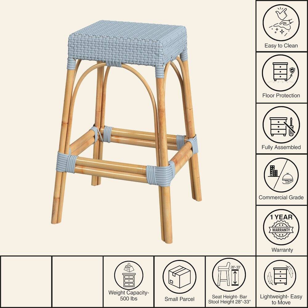 Easy to Clean  
Floor Protection  
Fully Assembled  
Commercial Grade  
1 YEAR WARRANTY  
Weight Capacity- 500 lbs  
Small Parcel  
Seat Height- Bar Stool Height 28"-33"  
Lightweight- Easy to Move