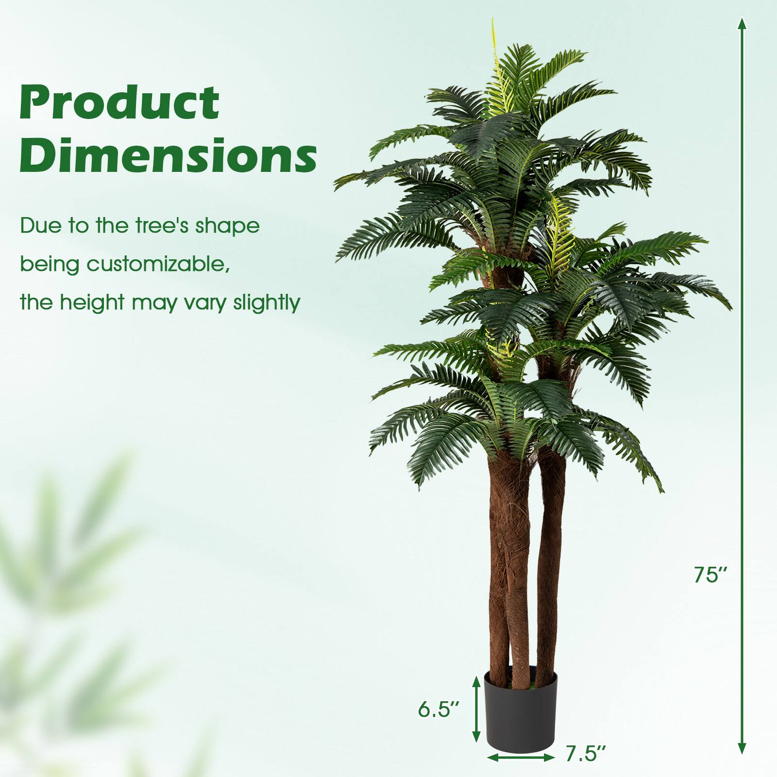 Product Dimensions

Due to the tree's shape being customizable, the height may vary slightly

75"  
6.5"  
7.5"