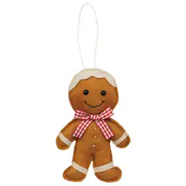 BreeBe - Stuffed Felt Gingham Bow Tie Gingerbread Boy Ornament - Brown