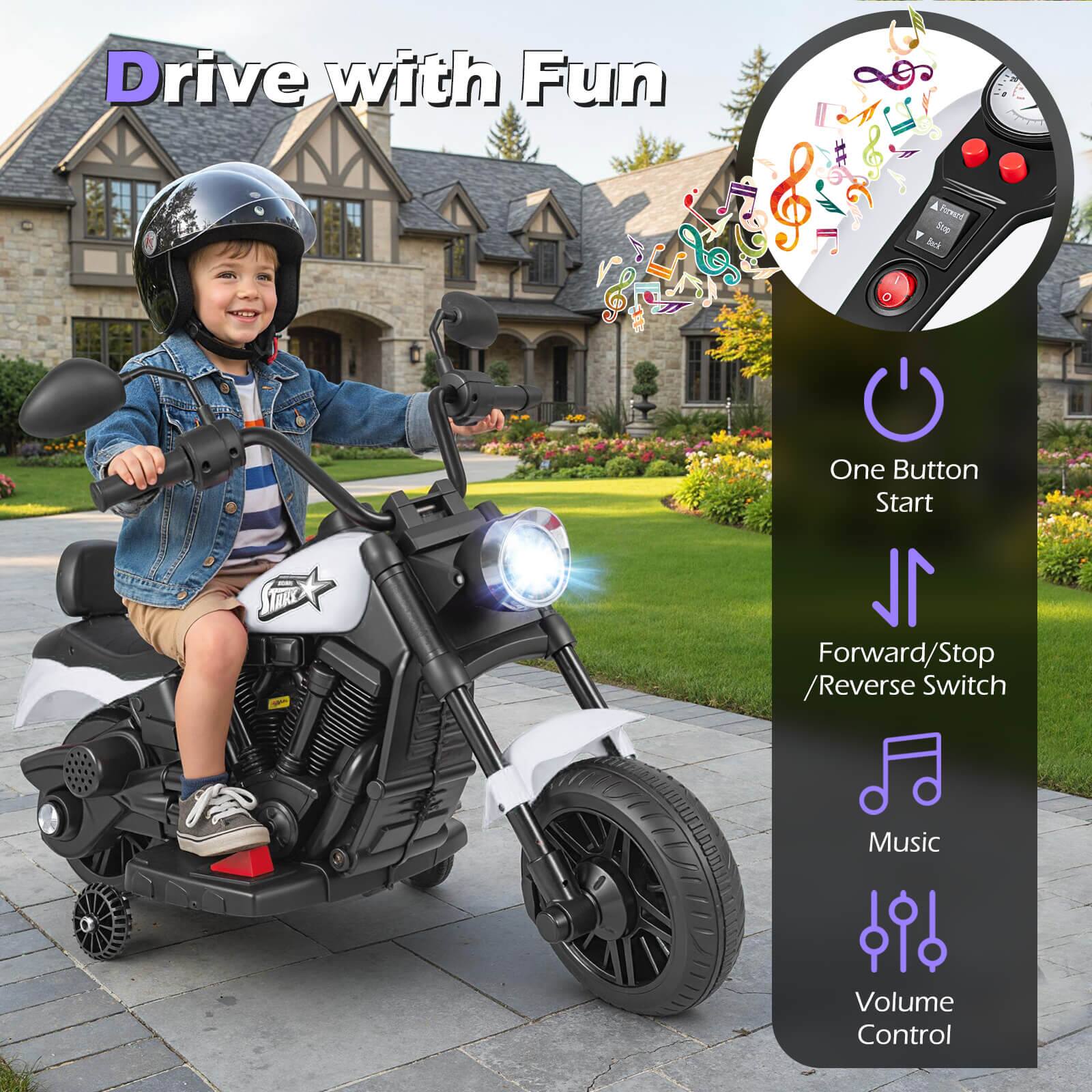 Drive with Fun

- One Button Start
- Forward/Stop / Reverse Switch
- Music
- Volume Control