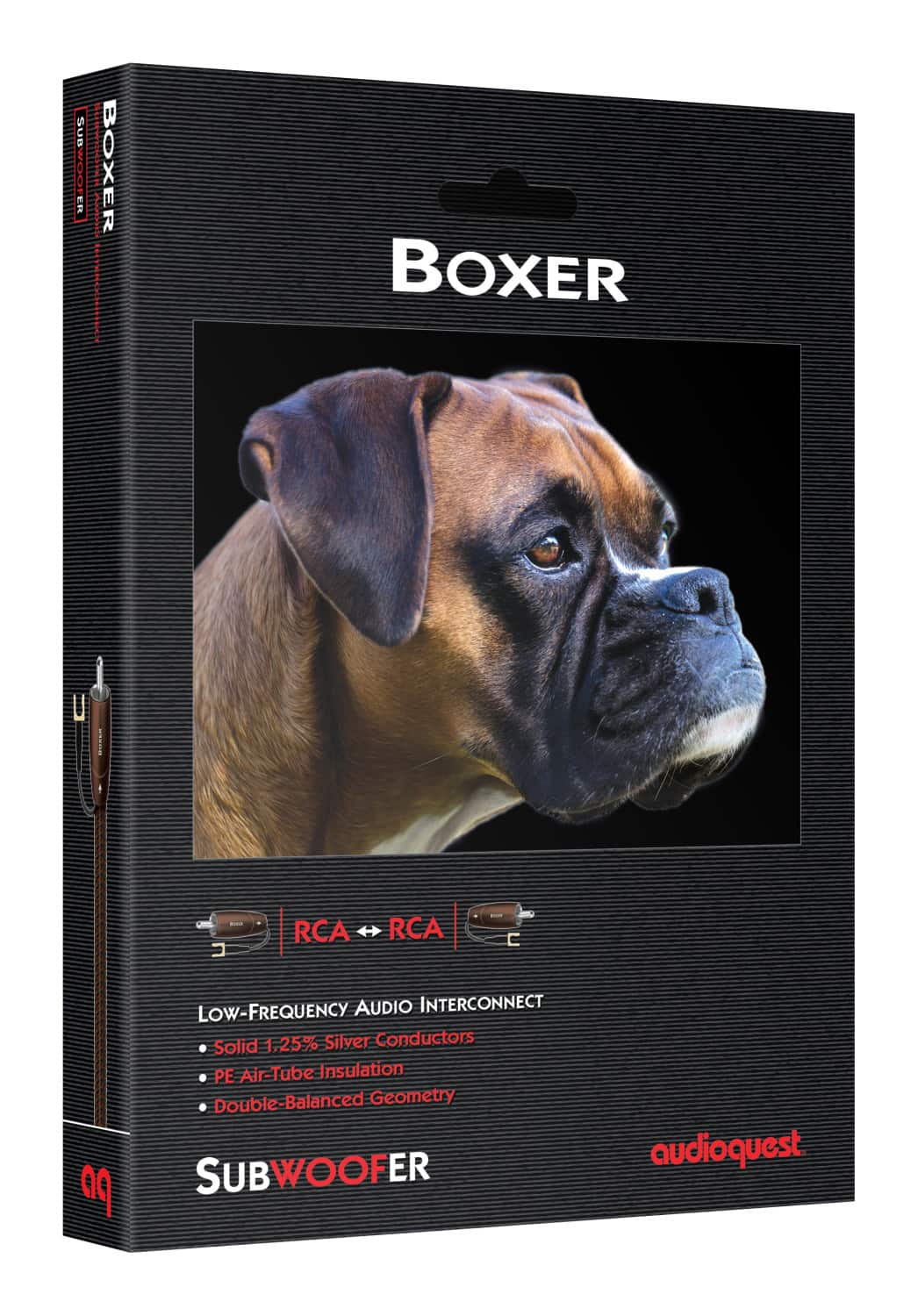 The text on the image reads: "BOXER - RCA H + RCA LOW-FREQUENCY AUDIO INTERCONNECT Solid 1,25% Silver Conductors PE Air-Tube Insulation Double-Balanced Geometry 09 SUBWOOFER audioquest."