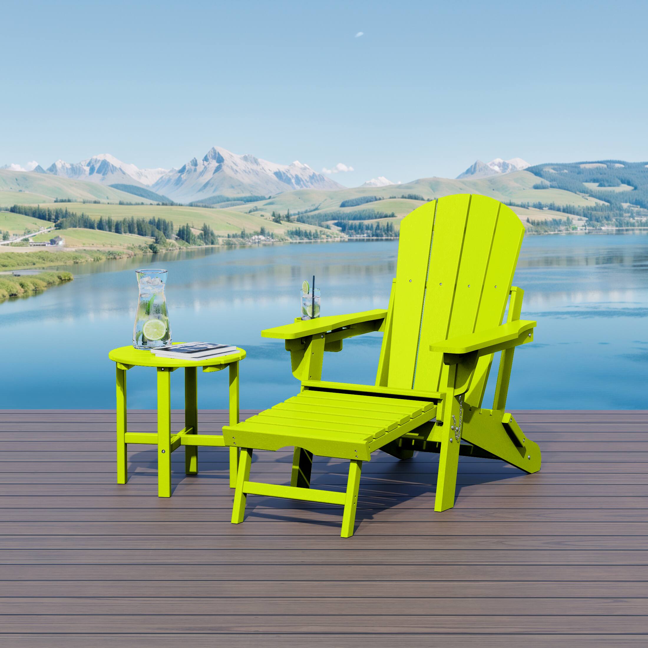 Angle. WestinTrends - WestinTrends Malibu 2-Piece Outdoor Folding Adjustable Adirondack Chair with Cup Holder & Side Table - Lime.