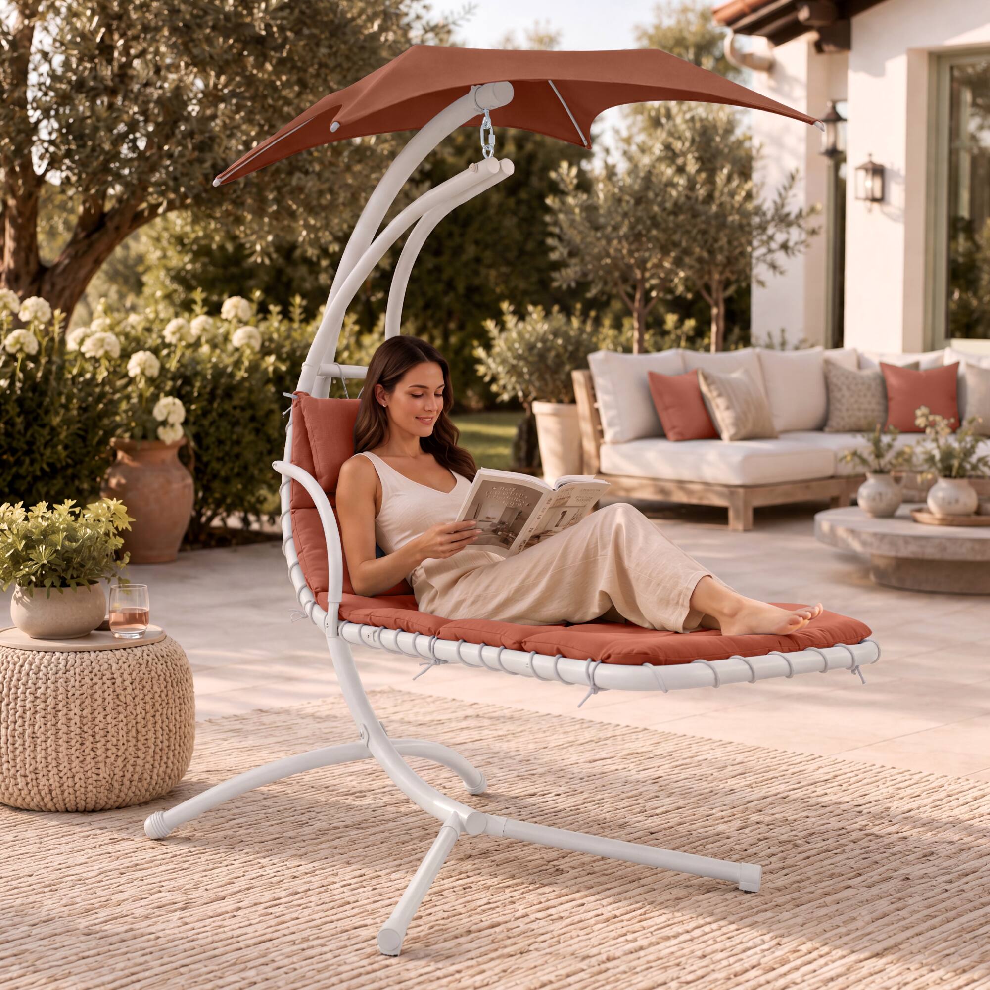 Alt View 6. Best Choice Products - Best Choice Products Hanging Curved Chaise Lounge Chair Swing w/ Pillow, Shade, Stand - Burnt Orange - Burnt Orange.