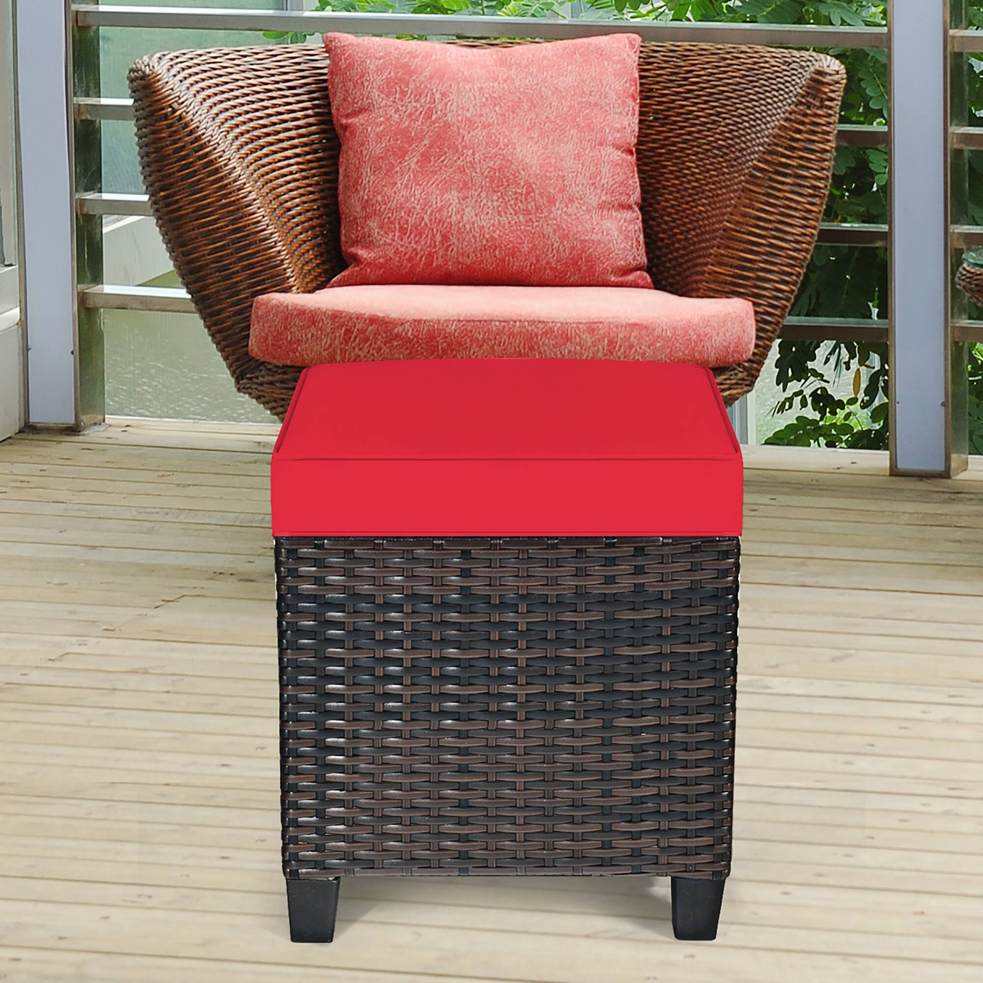 Alt View 3. Costway - 2PCS Patio Rattan Ottoman Cushioned Seat Foot Rest Coffee Table - Red.
