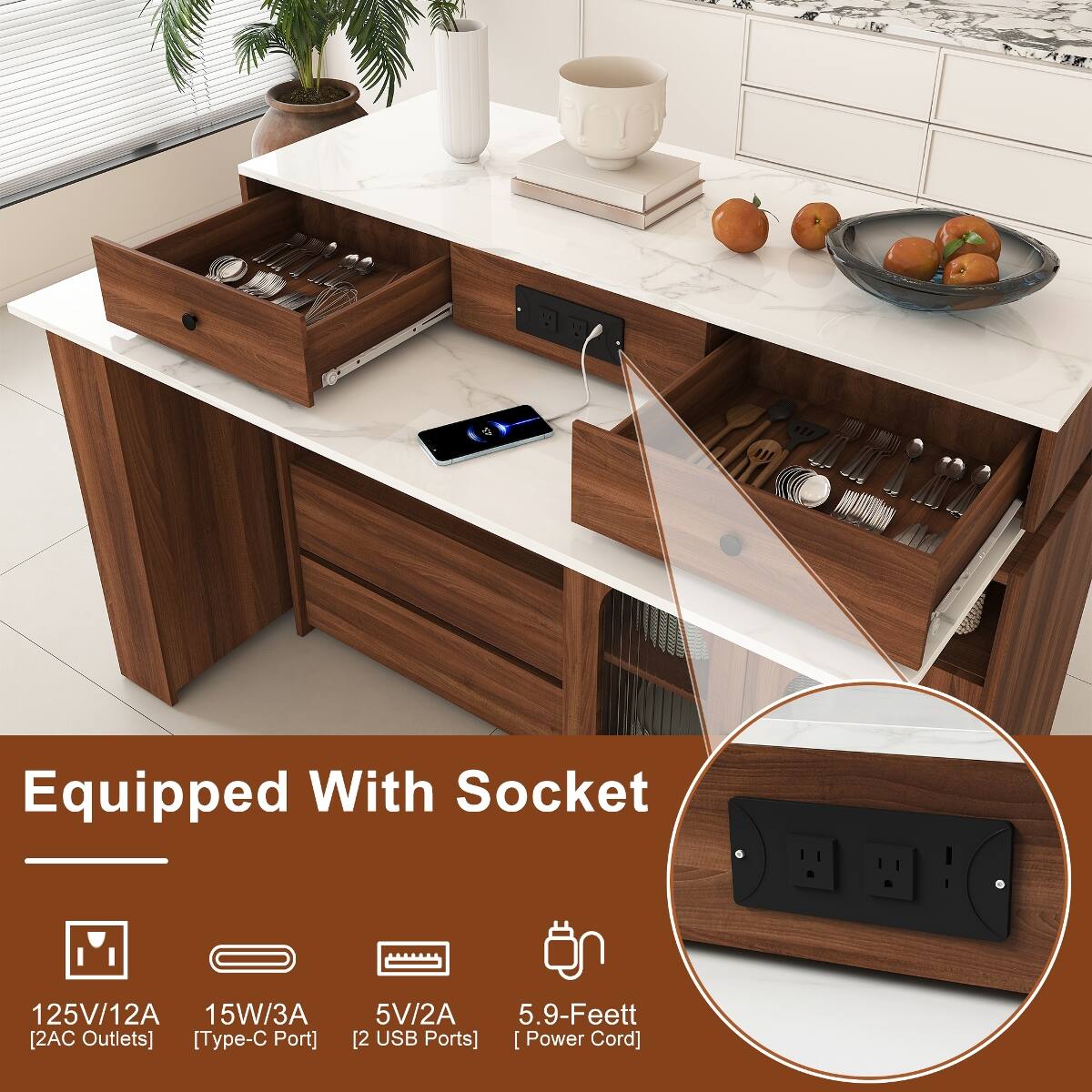 Equipped With Socket  
125V/12A 15W/3A [2AC Outlets] [Type-C Port]  
5V/2A 5.9-Feett [2 USB Ports] [Power Cord]