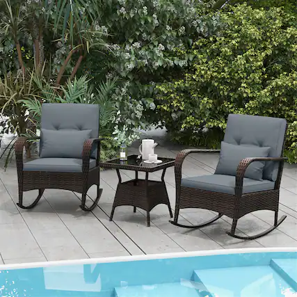 Front. Gymax - Gymax 3PCS Outdoor Rocking Set Rattan Rocker Chairs w/ Tempered Glass Coffee Table Wicker Rocker Set Grey - Gray.