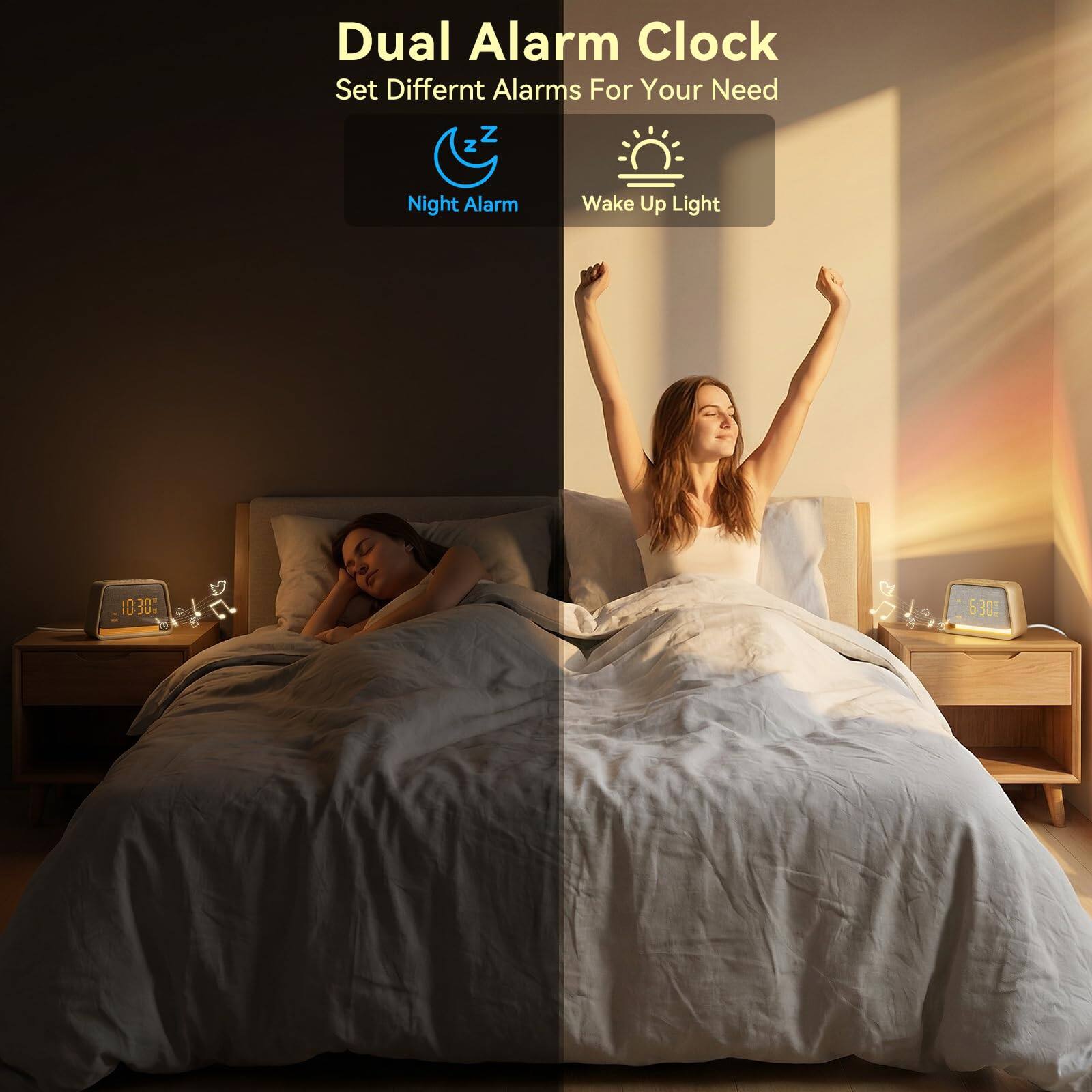 Dual Alarm Clock  
Set Different Alarms For Your Need  
Night Alarm  
Wake Up Light  
03:00  
6:30