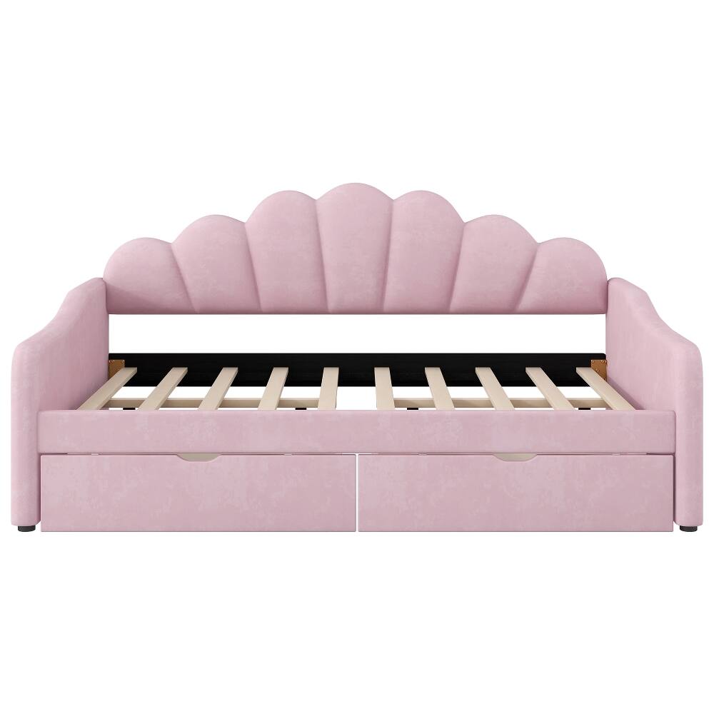Alt View 10. Loheer - Loheer Full Size Pink Velvet Daybed with 2 Storage Drawers and Shell Shaped Backrest - Pink.