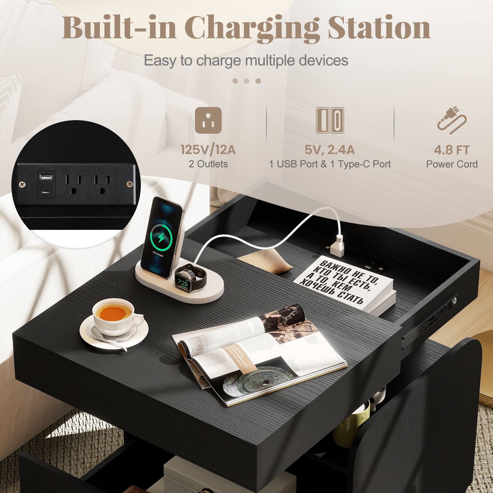 Built-in Charging Station  
Easy to charge multiple devices

- 125V/12A  
  2 Outlets

- 5V, 2.4A  
  1 USB Port & 1 Type-C Port

- 4.8 FT Power Cord