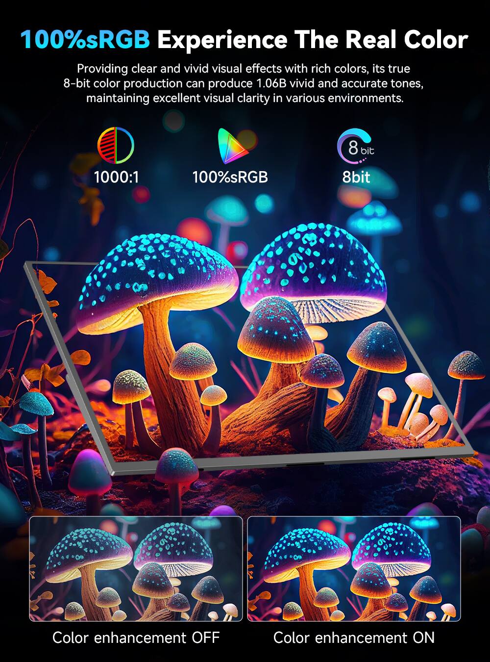 100% sRGB Experience The Real Color

Providing clear and vivid visual effects with rich colors, its true 8-bit color production can produce 1.06B vivid and accurate tones, maintaining excellent visual clarity in various environments.

1000:1
100% sRGB
8 bit

Color enhancement OFF
Color enhancement ON