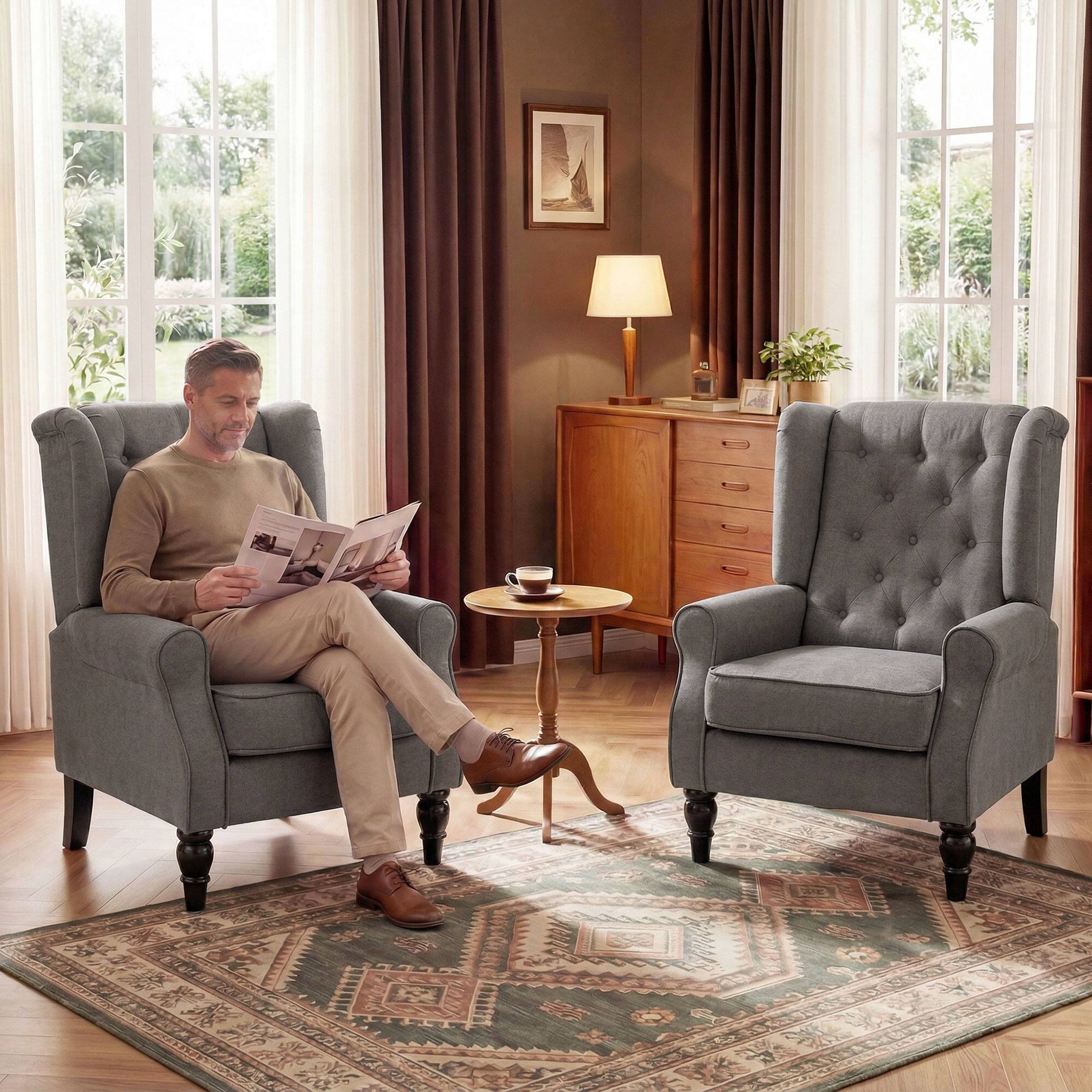 Alt View 8. Homcom - Accent Chair for Living Room, Button-Tufted Lounge Chair with Round Armrests and Wood Legs - Dark Gray.