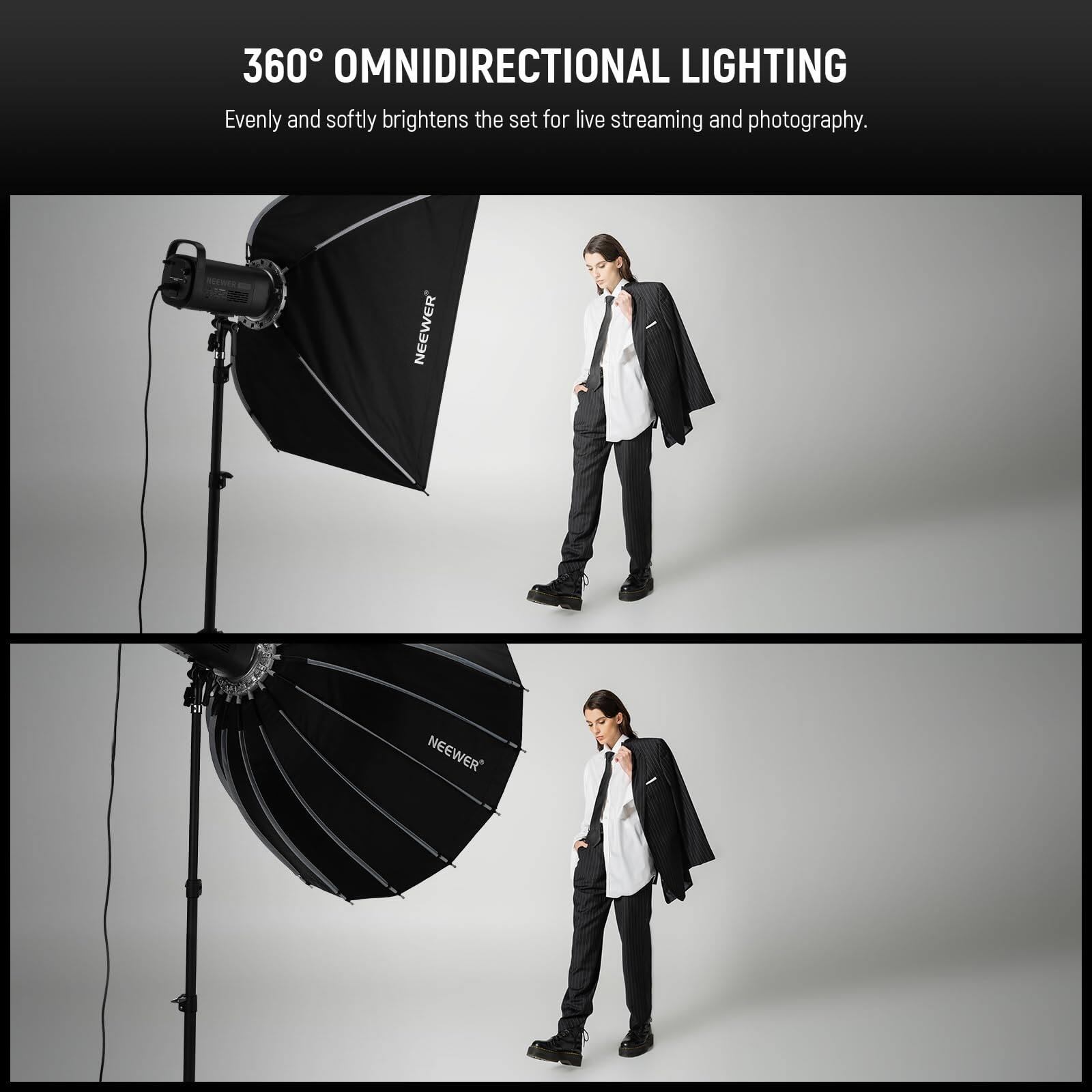 360° OMNIDIRECTIONAL LIGHTING  
Evenly and softly brightens the set for live streaming and photography.