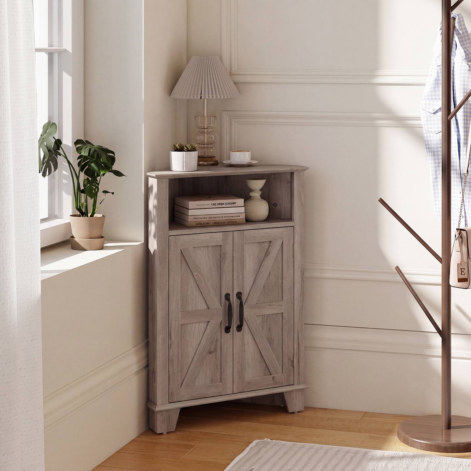 Alt View 4. Costway - Costway 2-Door Sideboard Organizer Cabinet with Open Storage & Adjustable Shelf for Living Room - Oak Gray.