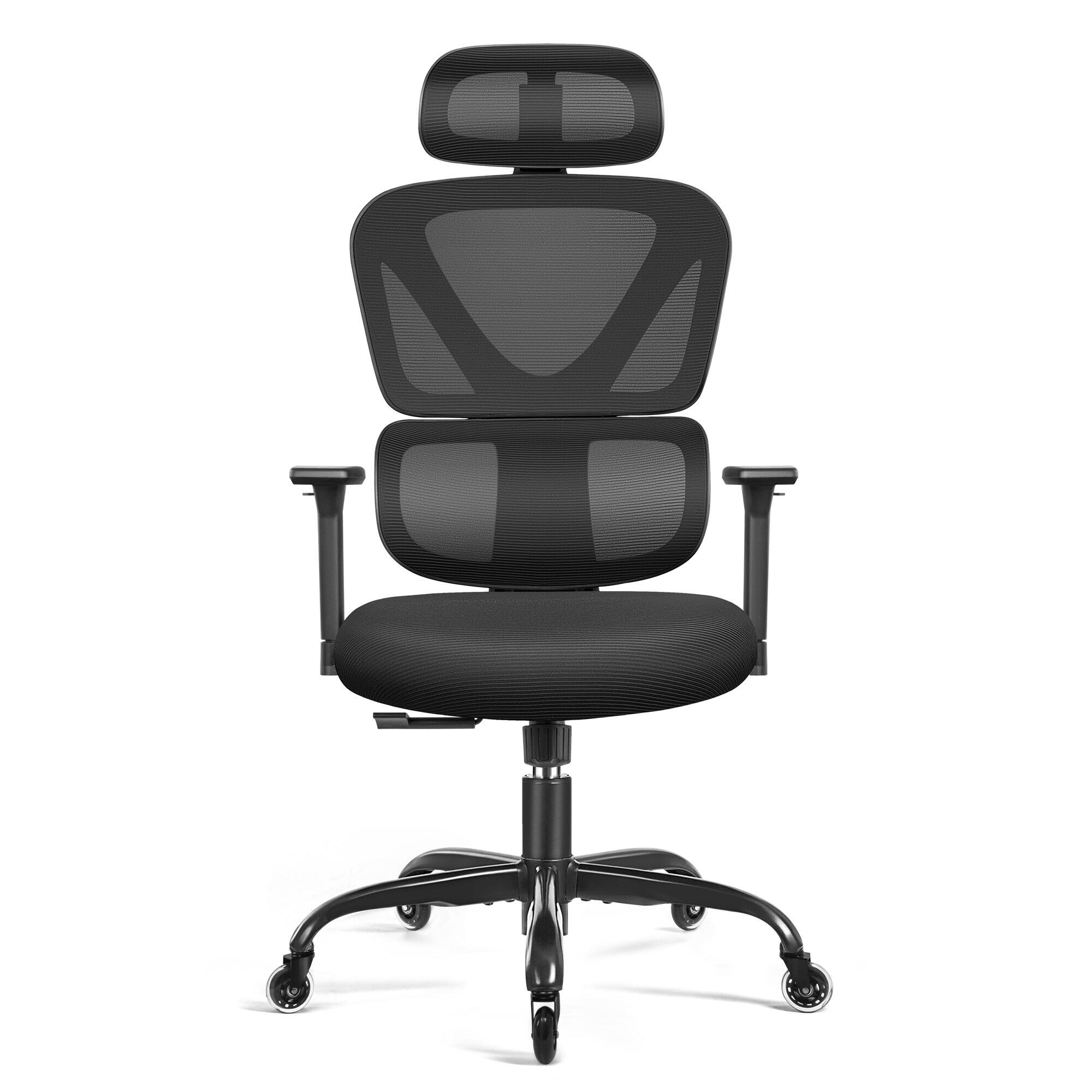 Back. Brick Attic - Ergonomic Office Chair, High Back Mesh Gaming Chair with Adjustable Headrest 3D Armrests Silent Wheels Lumbar Support - Black.