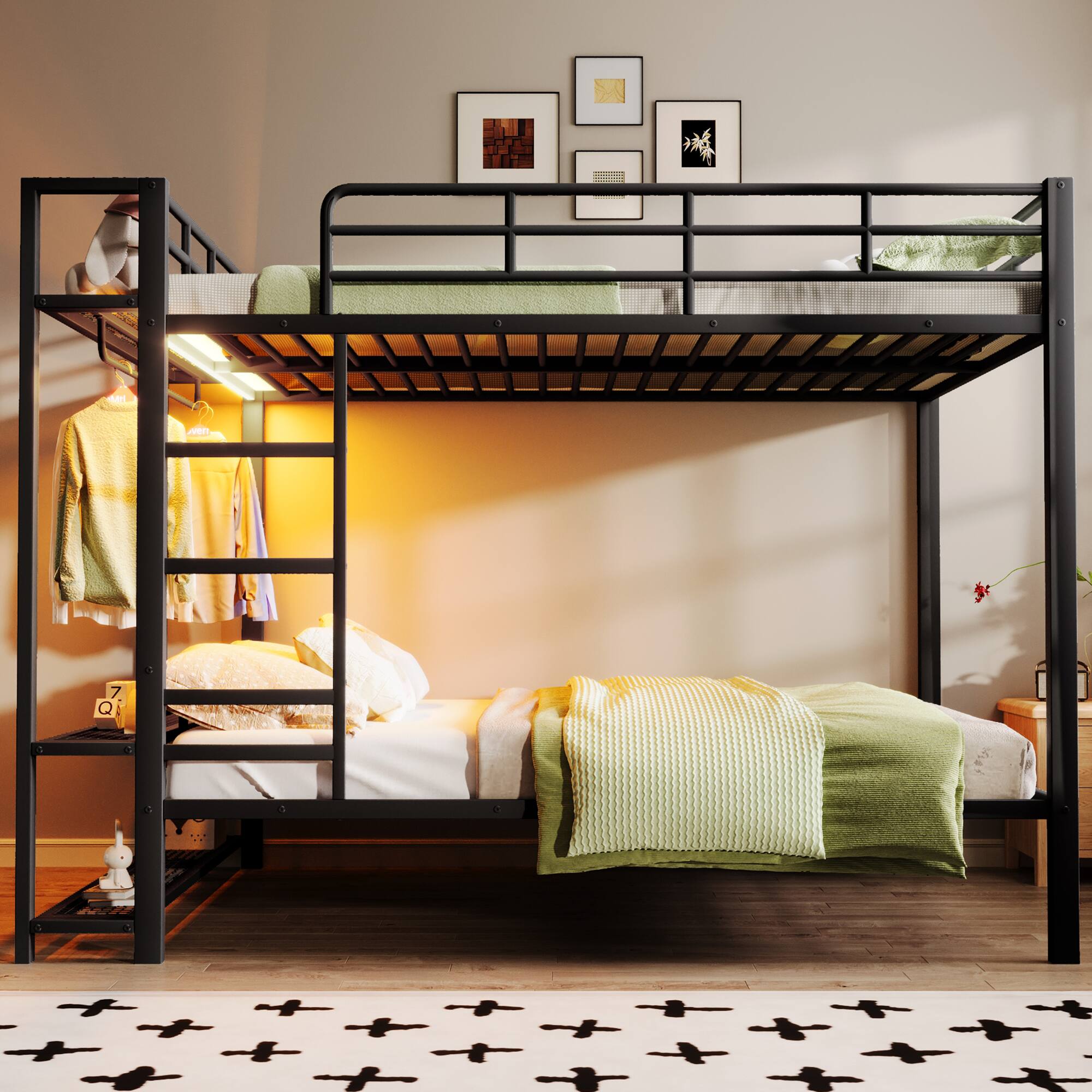 Angle. Whisen - Queen Size Metal Bunk Bed with Storage Shelves & Clothes Hooks, LED Light - Black.