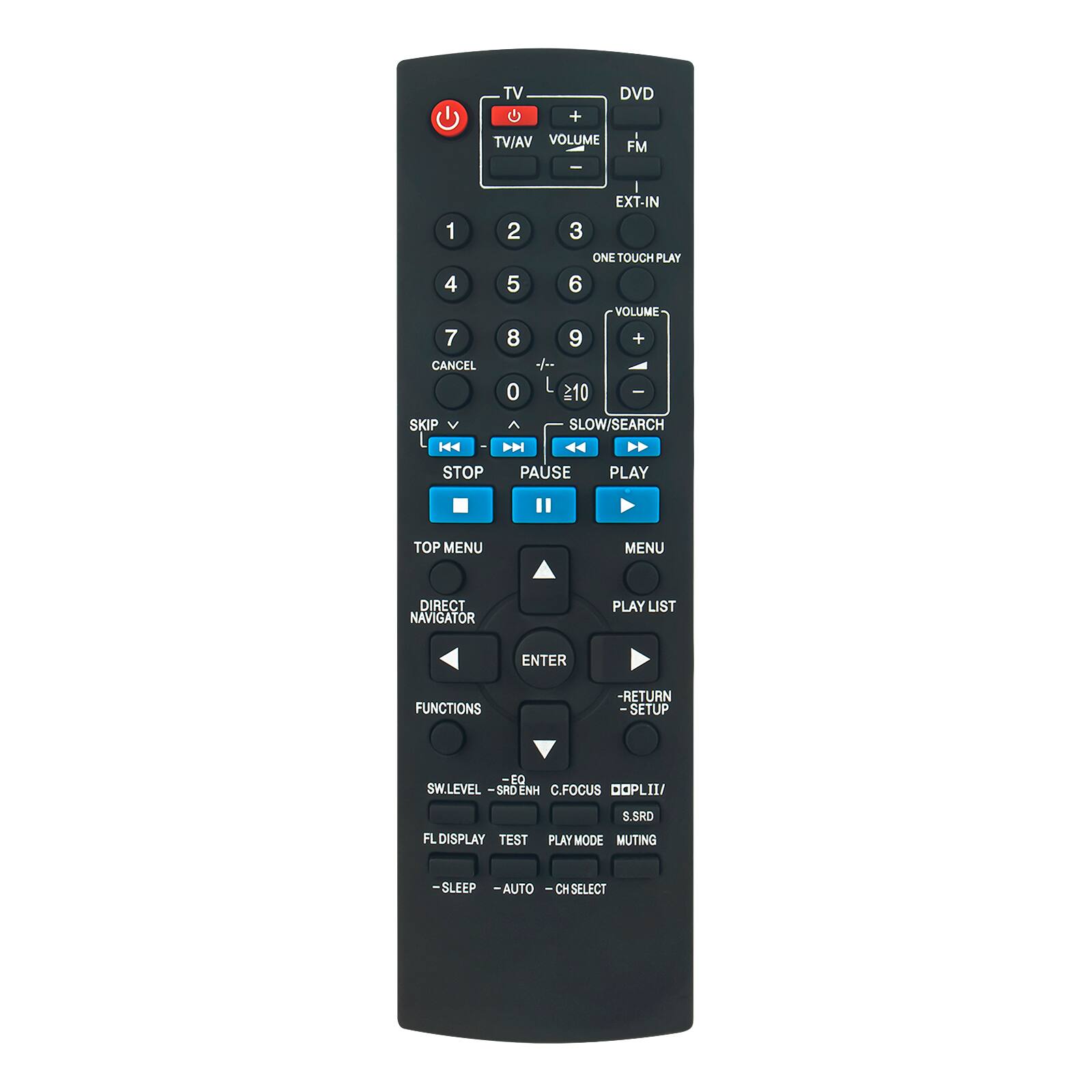 TV DVD +  
TV/AV  
VOLUME +  
FM  
EXT-IN  
1 2 3  
4 5 6  
7 8 9  
CANCEL 0  
SKIP STOP PAUSE PLAY  
SLOW/SEARCH  
TOP MENU  
DIRECT NAVIGATOR  
ENTER  
FUNCTIONS  
SW.LEVEL -EQ  
FL DISPLAY TEST  
S.SRD  
C.FOCUS DOPLII/  
PLAY MODE MUTING  
-RETURN -SETUP  
PLAY LIST  
-CH SELECT  
- SLEEP -AUTO