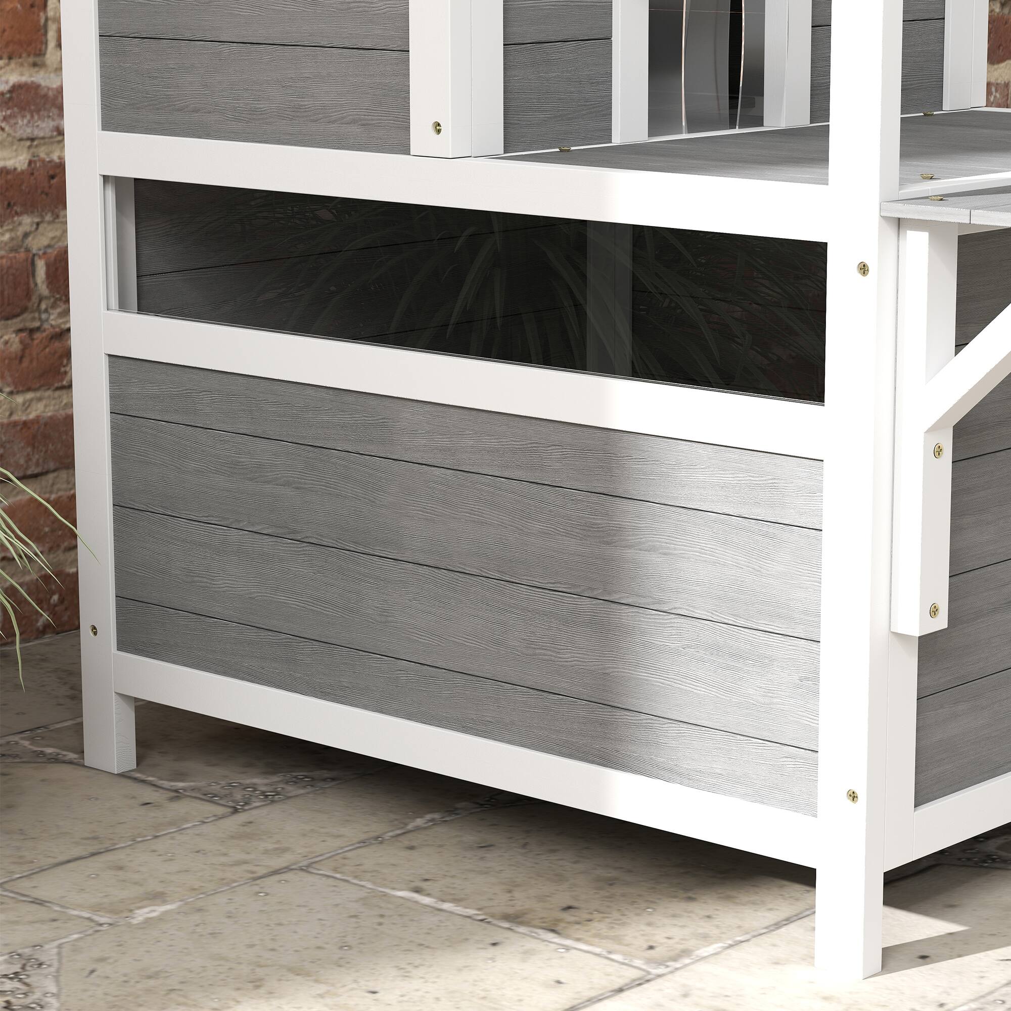 Alt View 5. Pawhut - 2-Story Outdoor Cat House, Balcony, Weatherproof, Openable Top, Escape Door, Removable Panel & Floor, Wooden, Backyard.